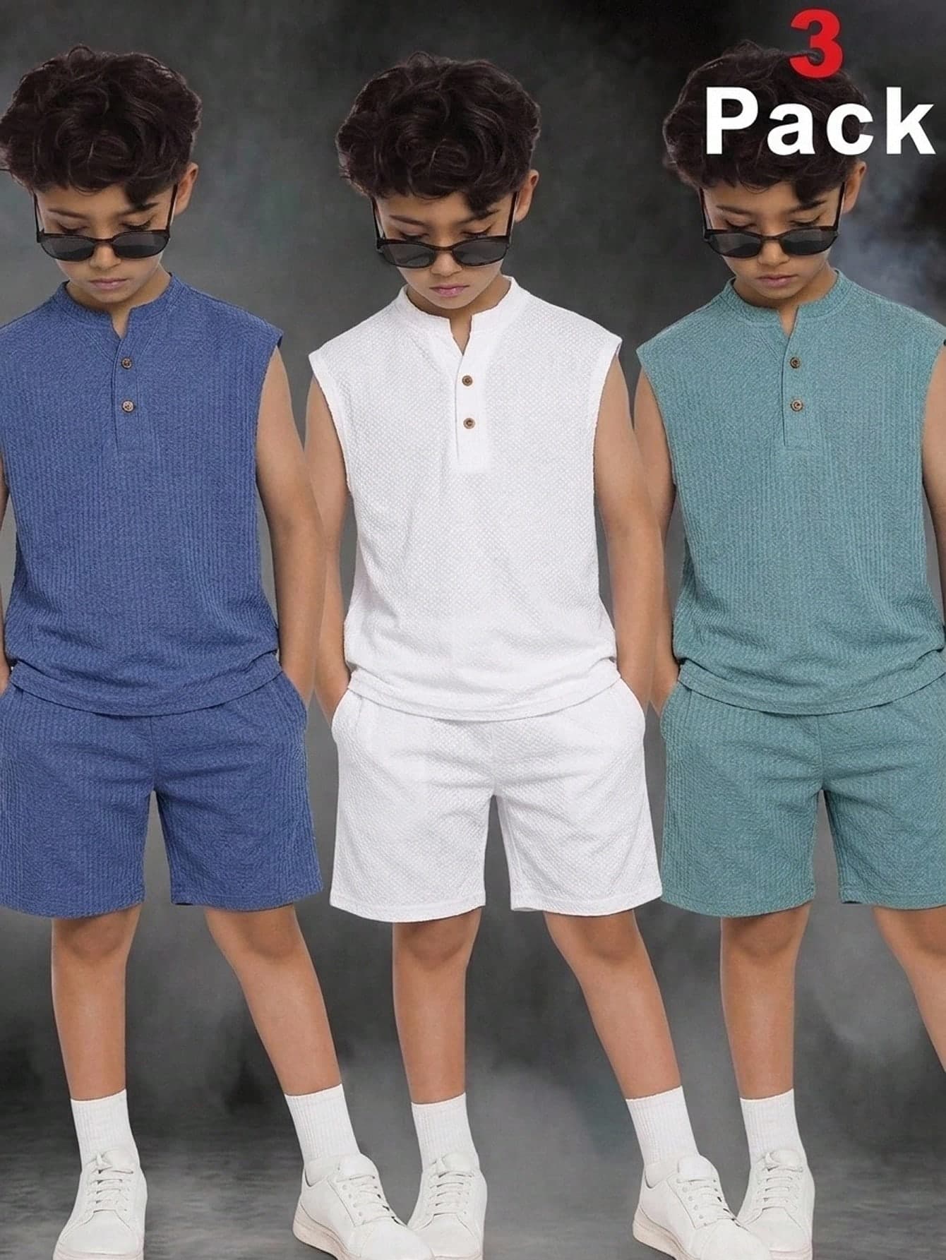 SHEIN 3pcs Kids Tween Boy Half-Sleeve Decorative Wooden Button Textured Fabric Blue, Green, White Crew Neck Tank Top T-Shirt Suitable For Summer Casual Outings, Sports, Vacation, School Occasions, All-Match Versatile
