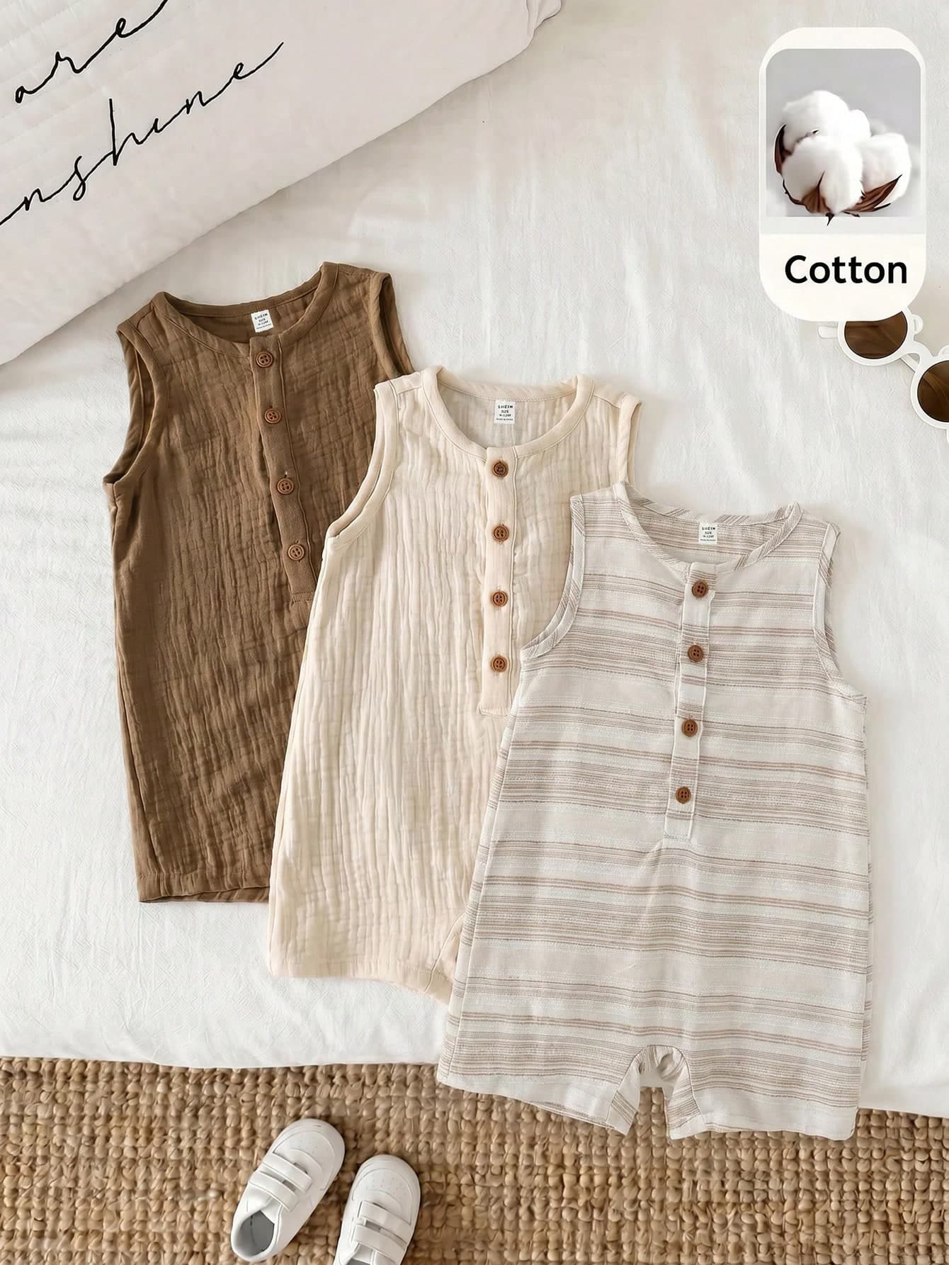 SHEIN 3pcs Newborn Baby Boy Baby Girl Unisex Baby Clothes Cute Summer Vacation Casual Striped Button Sleeveless Romper Suitable For Outings, Vacation, Overalls