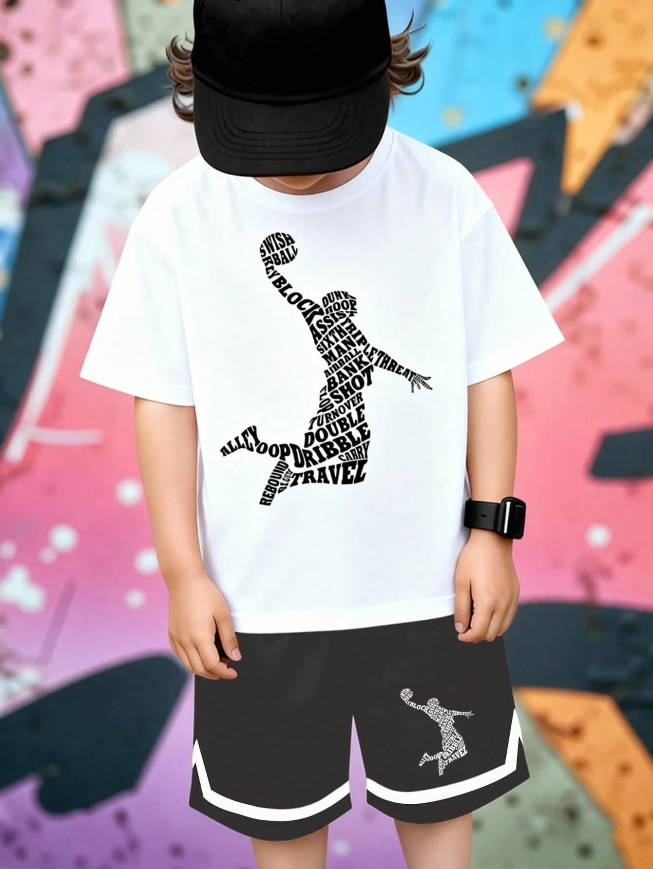 2pcs/Set Boys' Casual Basketball Player Silhouette Striped Graphic Tee And Shorts Set, Comfortable Daily Wear For Spring, Summer