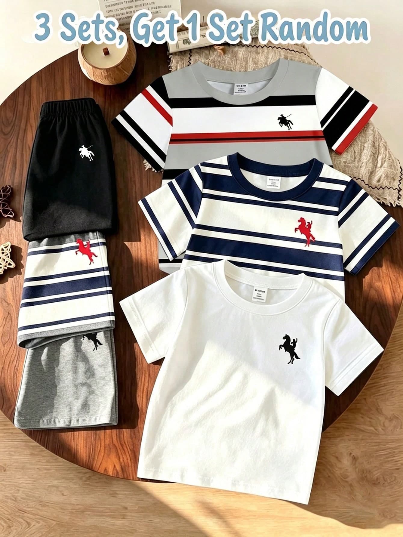 Souflis Souflis Random 3 Sets Get 1 Set Black Red Royal Blue Contrast Color Royal Blue Kids Casual Classic Knight Print Crew Neck Short Sleeve T-Shirt And Shorts Set