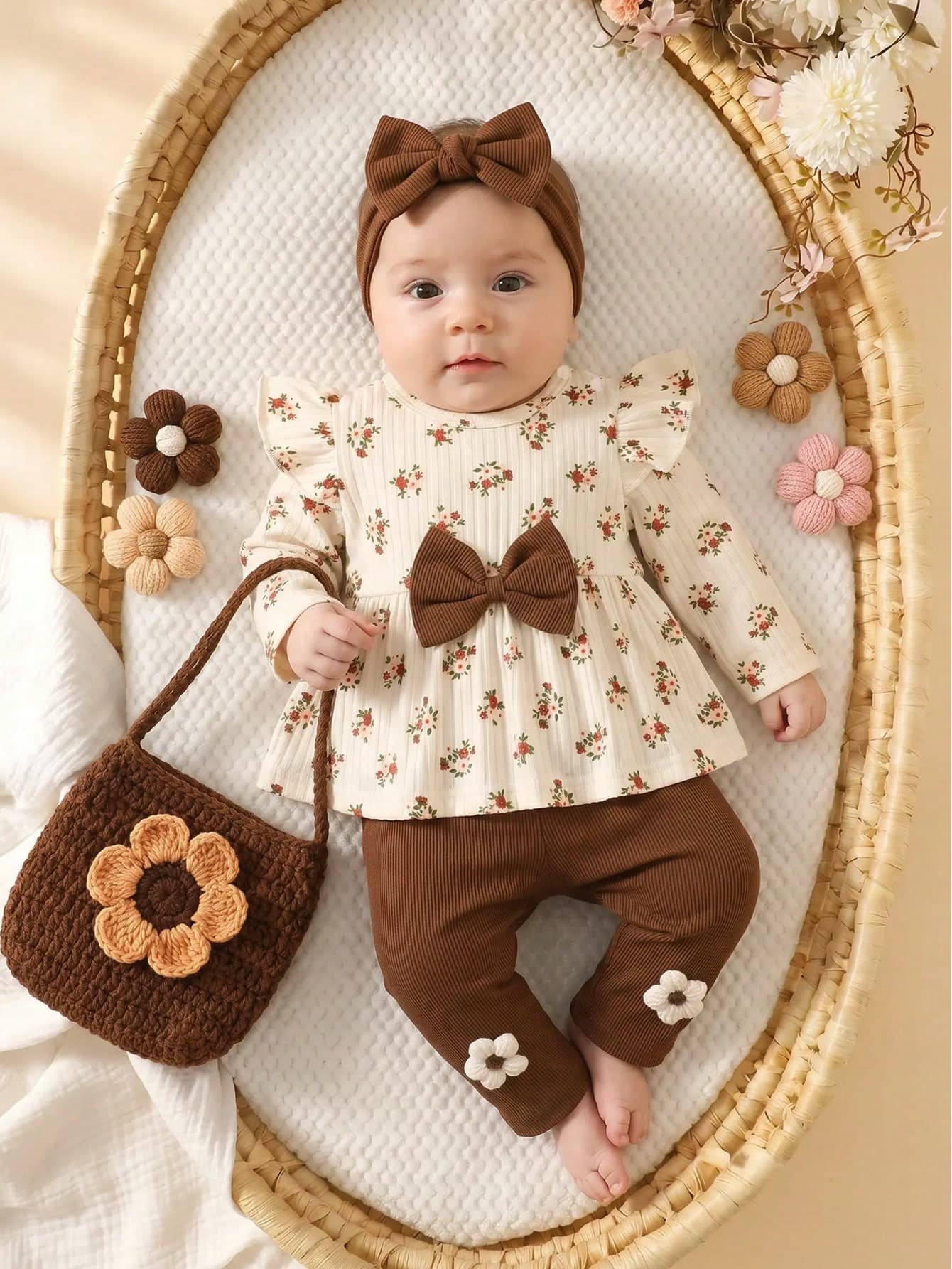 SHEIN Newborn Baby Girl Autumn/Winter Outfit Set, Cream White Round Neck Long Sleeve Top With Floral Pattern And Exquisite Brown Bow, A-Line Waist-Cinching Design, Brown Casual Long Pants With 3D Floral Accents, Cute And Sweet Style, Suitable For Daily Wear Or Outdoor Activities