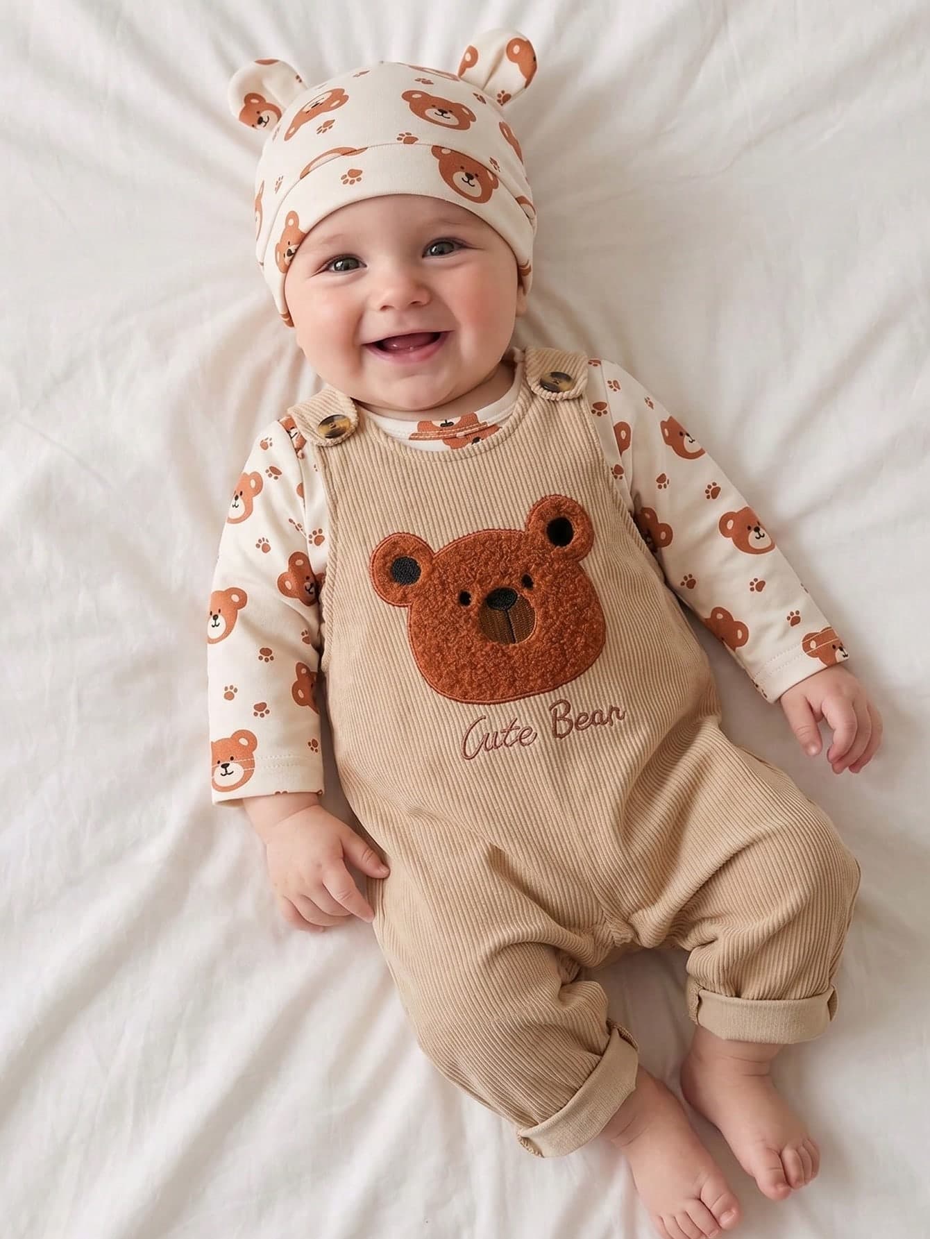 SHEIN Vintaside Kids 3pcs Newborn Set: Brown Teddy Bear Head + Paw Print All-Over Pattern Long Sleeve Open-Crotch Bodysuit, Corduroy Apricot Overalls With Adjustable Wooden Button Straps, Large 3D Towel Embroidery Teddy Bear On Chest, Cute & Playful + Hat Set