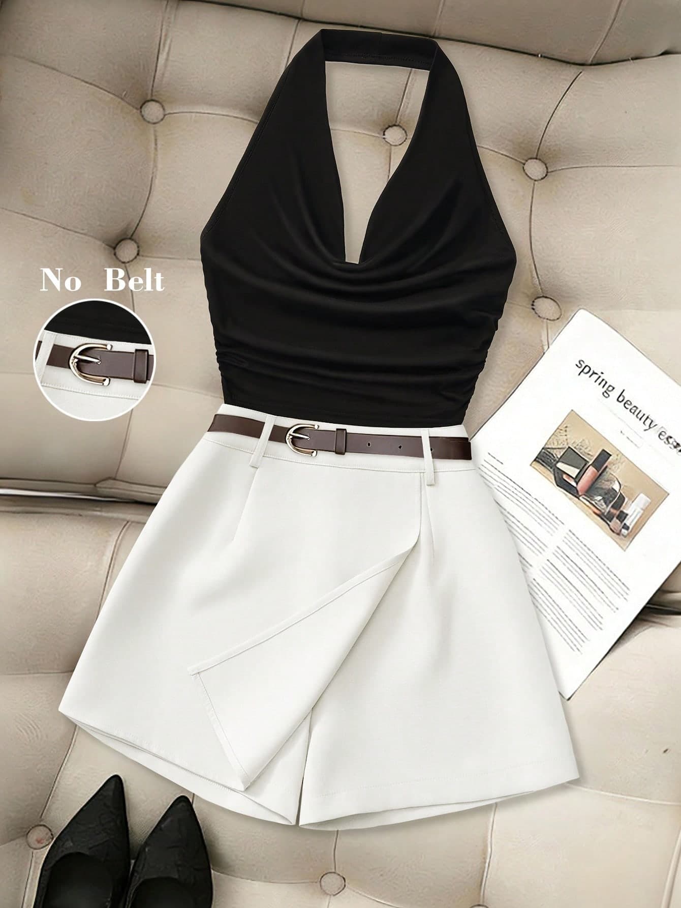 Resyla Women's Summer European And American Fashion Spaghetti Strap Camisole Top Casual Commute Versatile Spring/Summer Colorblock Shorts Two Pieces Set