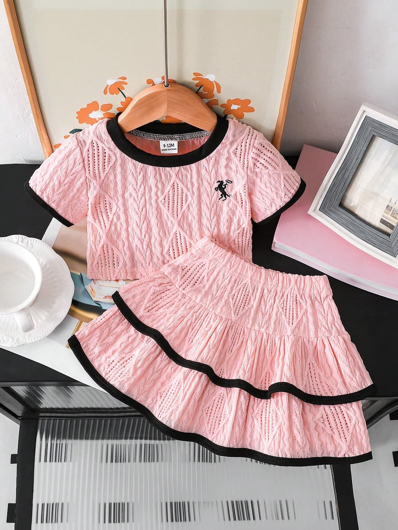 Souflis Souflis Infant Girl Textured Knit Pink Double Layer Ruffle Skirt Set, 2 Pieces Outfit For Casual Daily Wear, Cute And Sweet Style