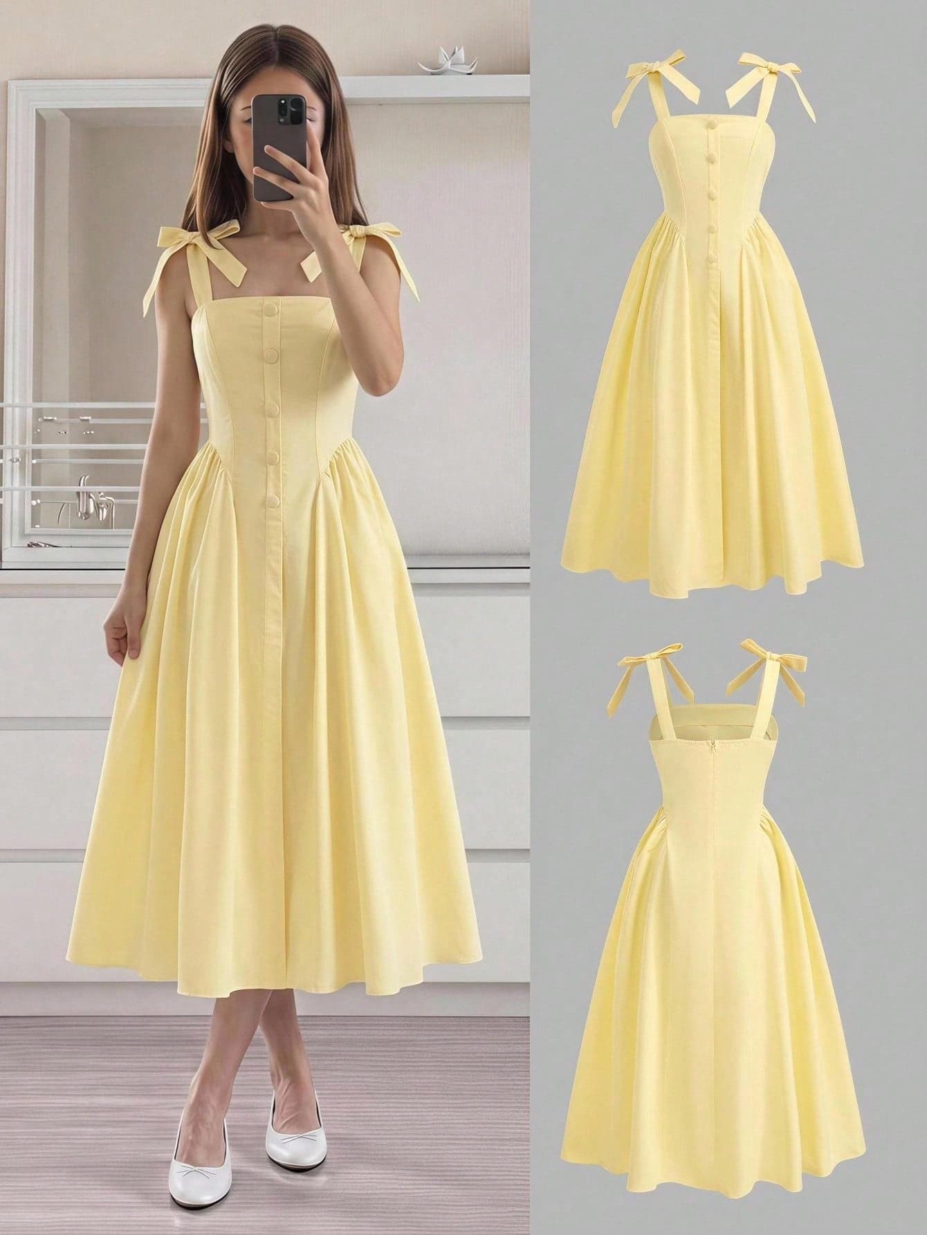 Girlism Tween Girl Tween Girls Dresses Spring/Summer New Woven Pale Yellow Solid Color Tie Bow Shoulder Mid-Length Puff Dress, Suitable For Ceremonies, Parties, All Occasions, Birthday Parties, Graduation Season, Weddings, Dates, Outings, Cute French Waist-Cinching Dress