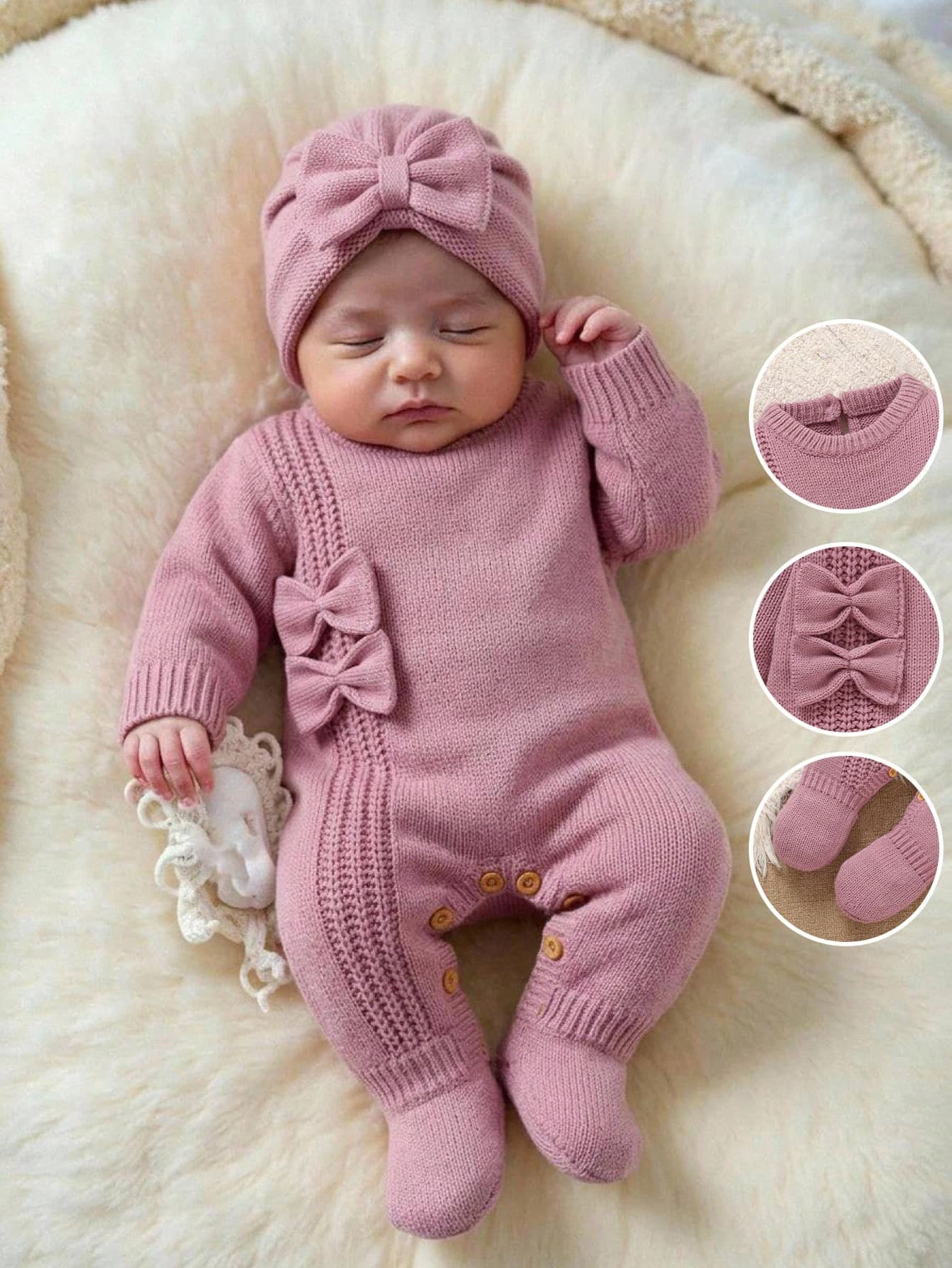 SHEIN Newborn Baby Sweater Onesies, Fashionable Cute Knitted 3D Bow Round Neck Back Button Long Sleeve Footed Romper, Soft And Comfortable For Spring, Autumn, Winter, Suitable For Daily Wear, Outings, Travel, Vacation And Play