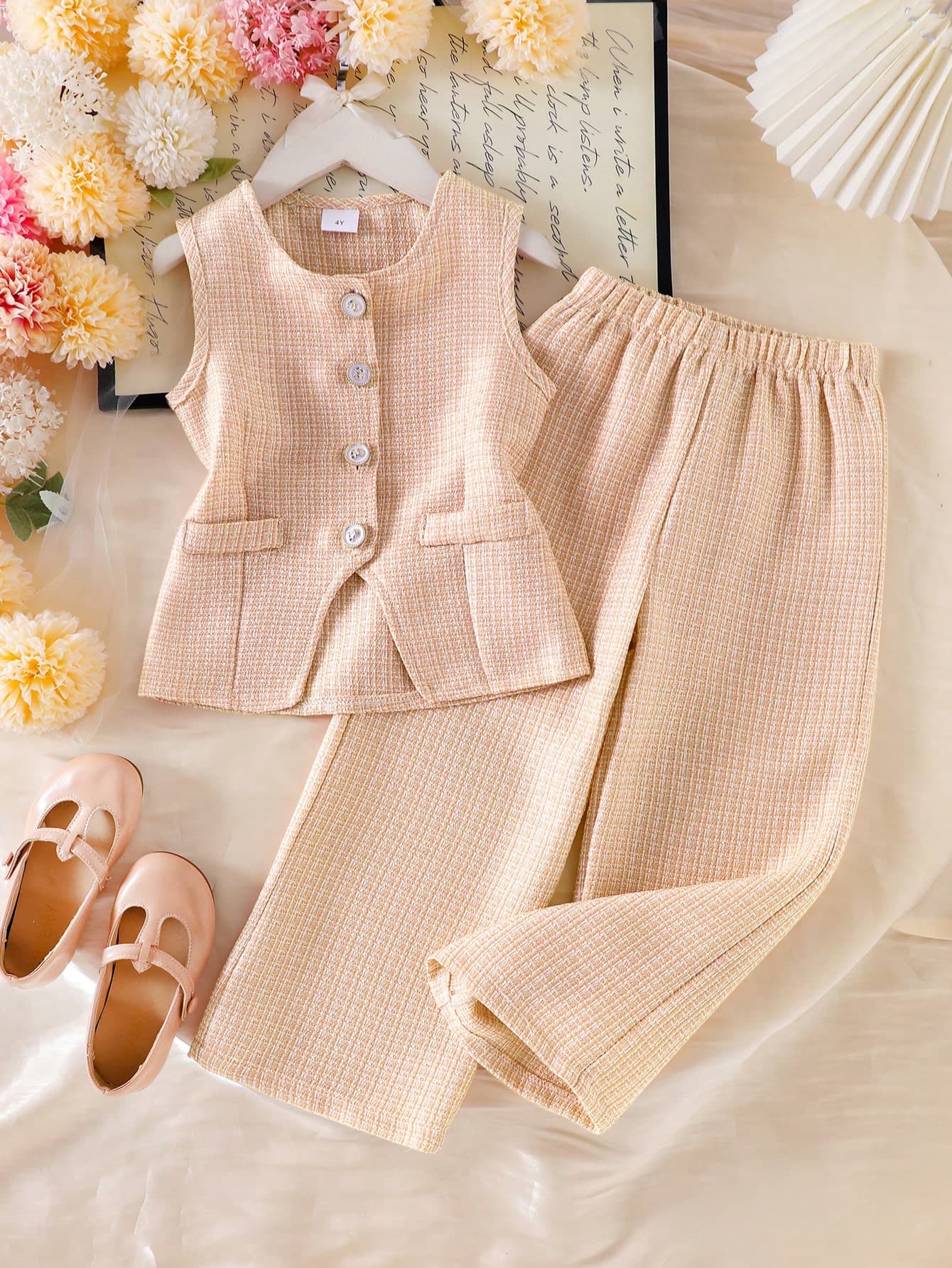 Elladie kids Young Girl Round Neck Single-Breasted Vest And Straight Leg Pants 2 Pieces Set, Elegant Summer