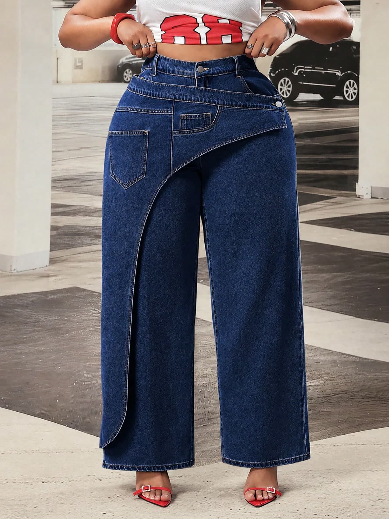 Slaydiva Women's High Waist Plus Size American Vintage Asymmetrical Deconstructed Design Denim Jeans New Design Loose Floor Length Pants