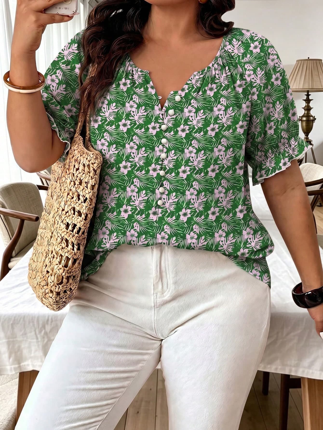 Vionelle Plus Size Women's French Minimalist Tropical Casual Ditsy Floral Short Sleeve Shirt, Summer Vacation Emerald Green