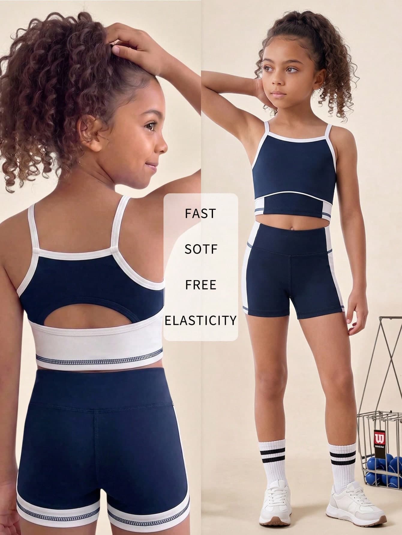 SHEIN Young Girls Fashionable Sports Outdoor Colorblock Athletic Set, Colorblock Hollow Design Sports Tank Top Paired With Colorblock Design Sports Shorts, High Elastic 4-Way Stretch Skin-Friendly Comfortable Soft Athletic Wear