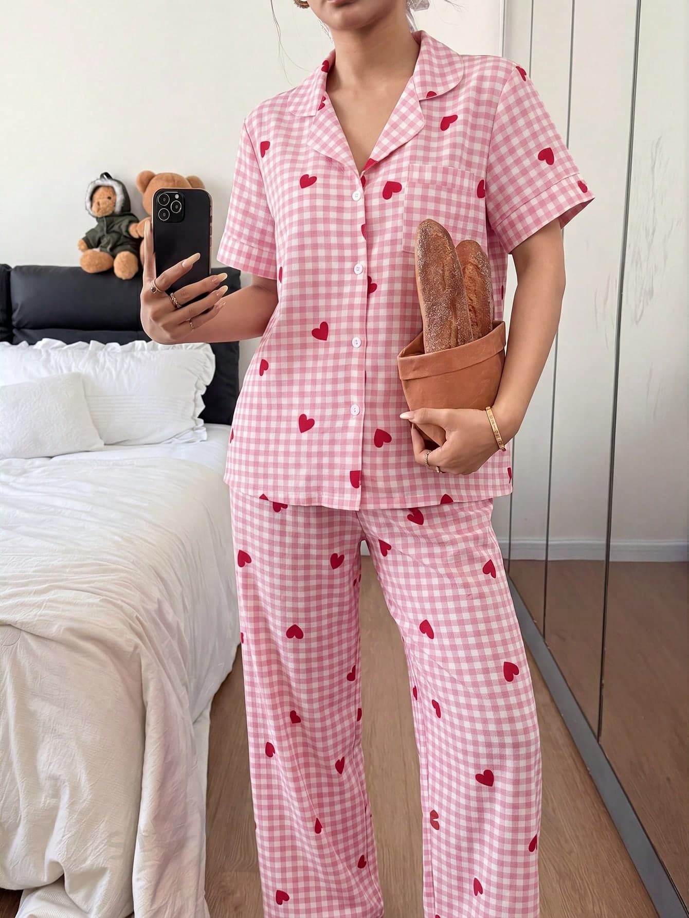 SHEIN Plaid Heart Print Lapel Short Sleeve Long Pants Women's Pajama Set