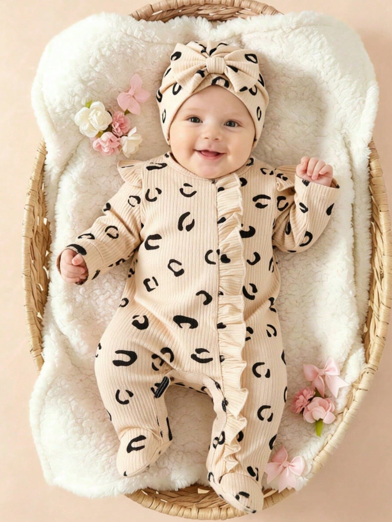 SHEIN Newborn Baby Girl Cute Leopard Print Ruffle Bodysuit And 3D Bow Hat 2 Pieces Set, Front Zipper For Easy On And Off, Suitable For Daily Wear And Various Occasions