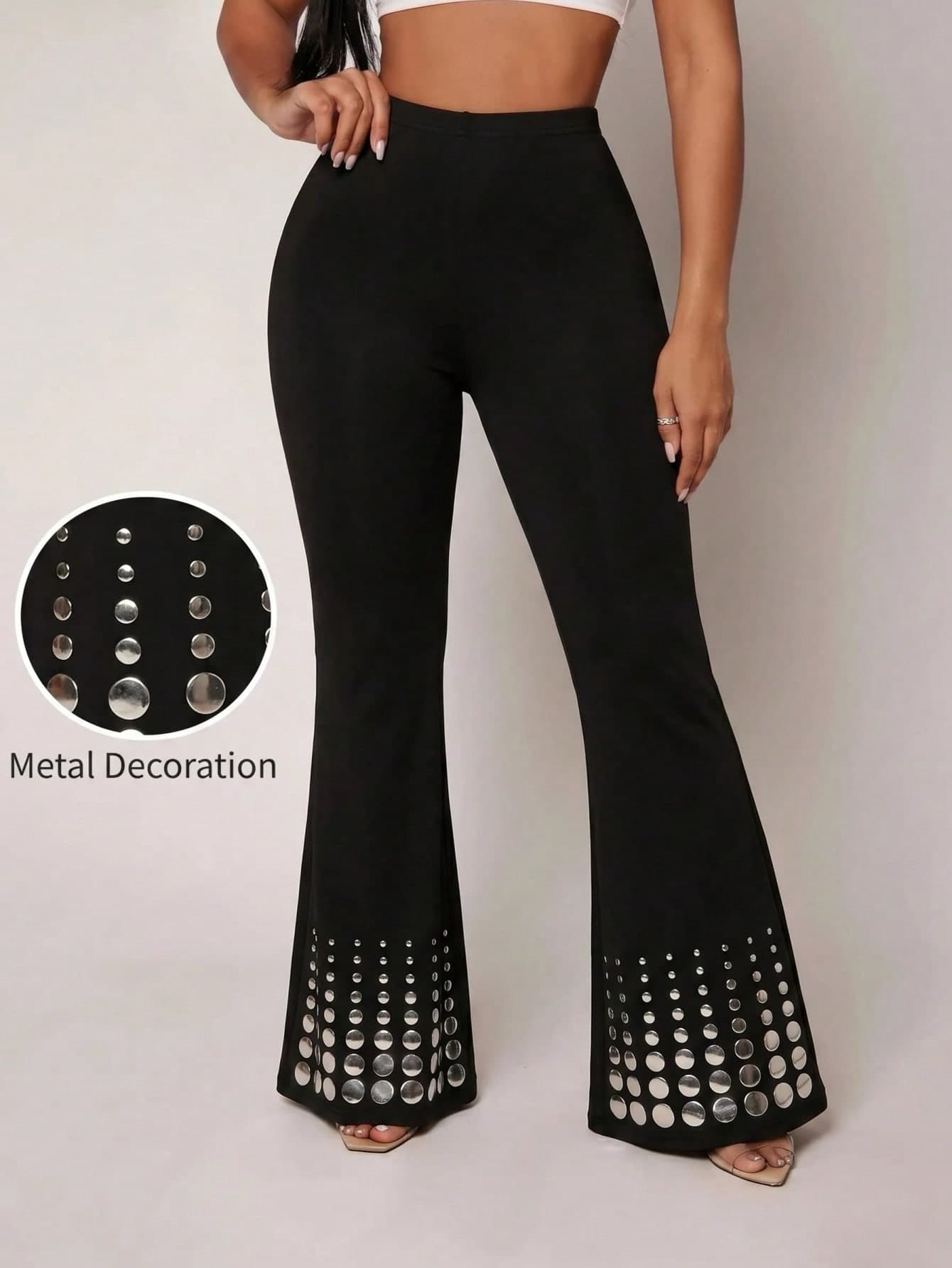 Radiana Plus Size Women Solid Color Studs Decor High Waist Casual Versatile Daily Wear Flare Pants