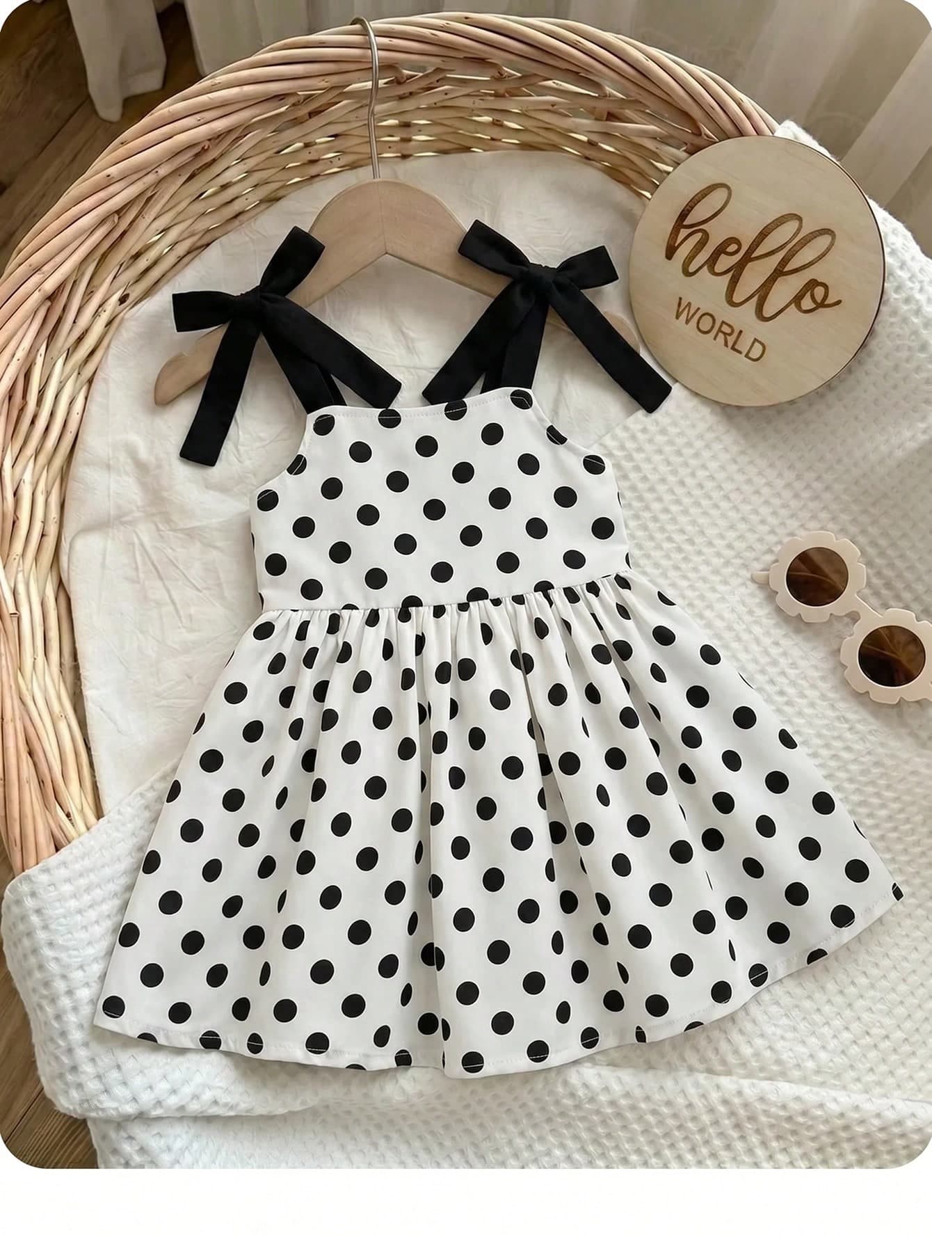 SHEIN Babygirl Casual Cute Black & White Polka Dot Bow Strap Dress For Vacation