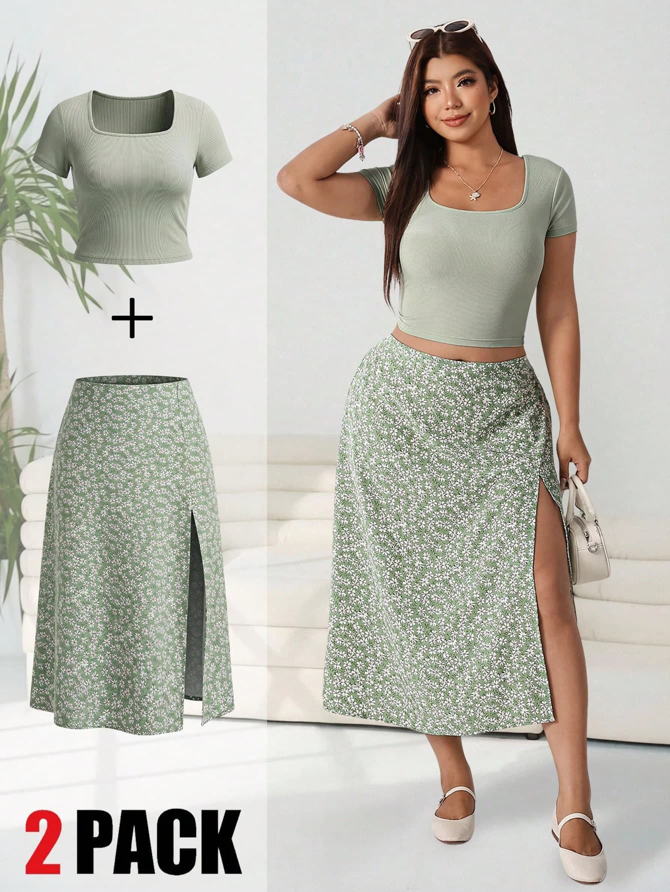 Solflare Plus Size Women's Solid Color Short Sleeve Top And Floral Print Slit Design Skirt Casual Daily Outfit