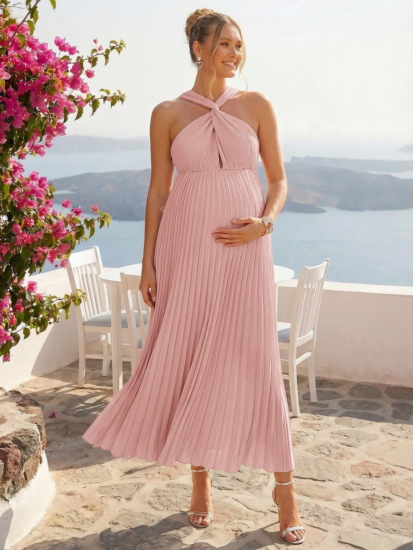 Loomaby Maternity Solid Color Pleated Design Elegant Cross Halter Neck Dress,Gender Reveal Dress,Maternity Dress,Baby Shower Dress