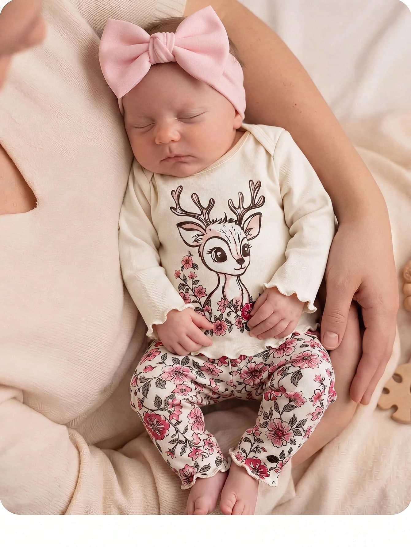 Newborn Baby Girl Spring/Autumn Cute Cartoon Deer & Floral Print Long Sleeve Lettuce Trim T-Shirt And Long Pants Pajama Set
