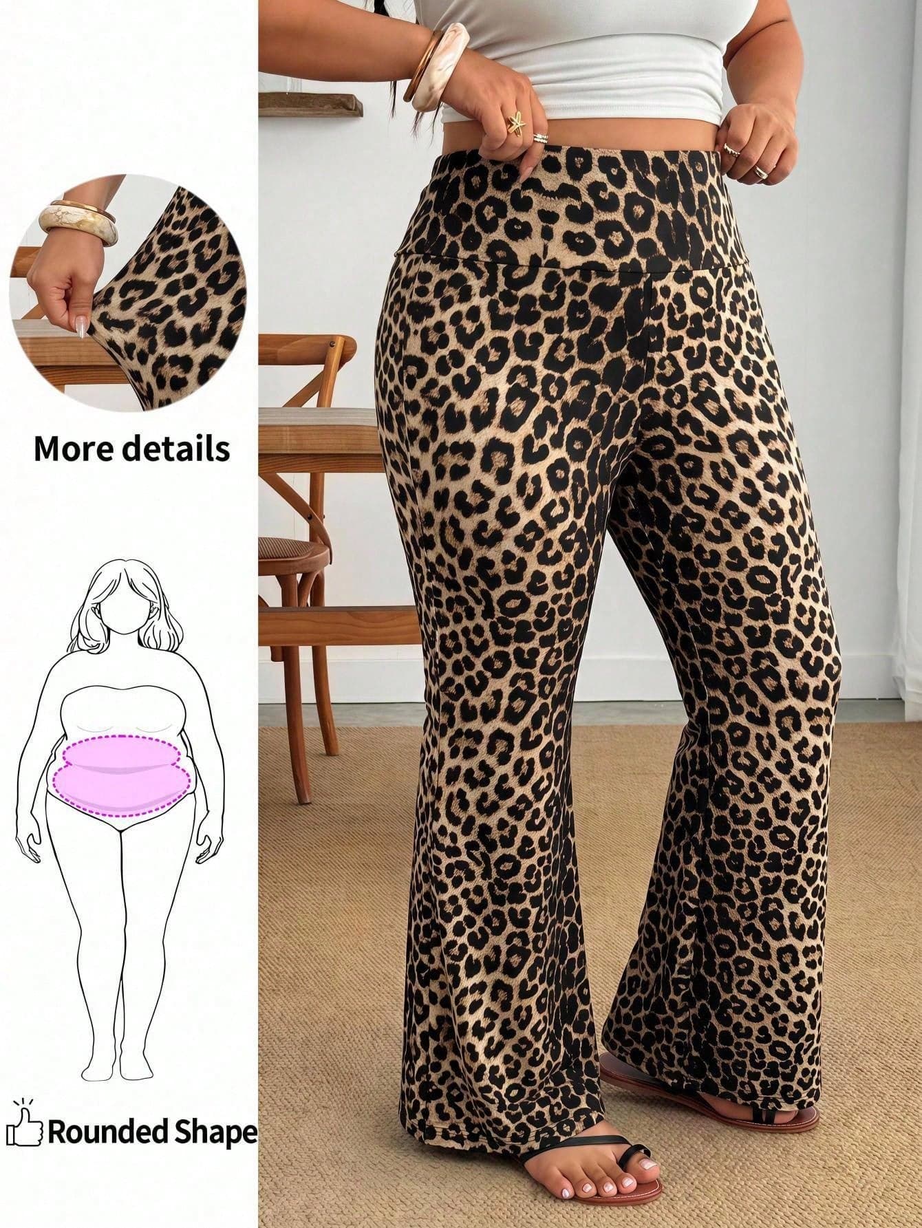 Enliva Plus Size Women's Wide Waist Leopard Print Flare Pants, Suitable For Apple-Shaped And Curvy Body Types Fall