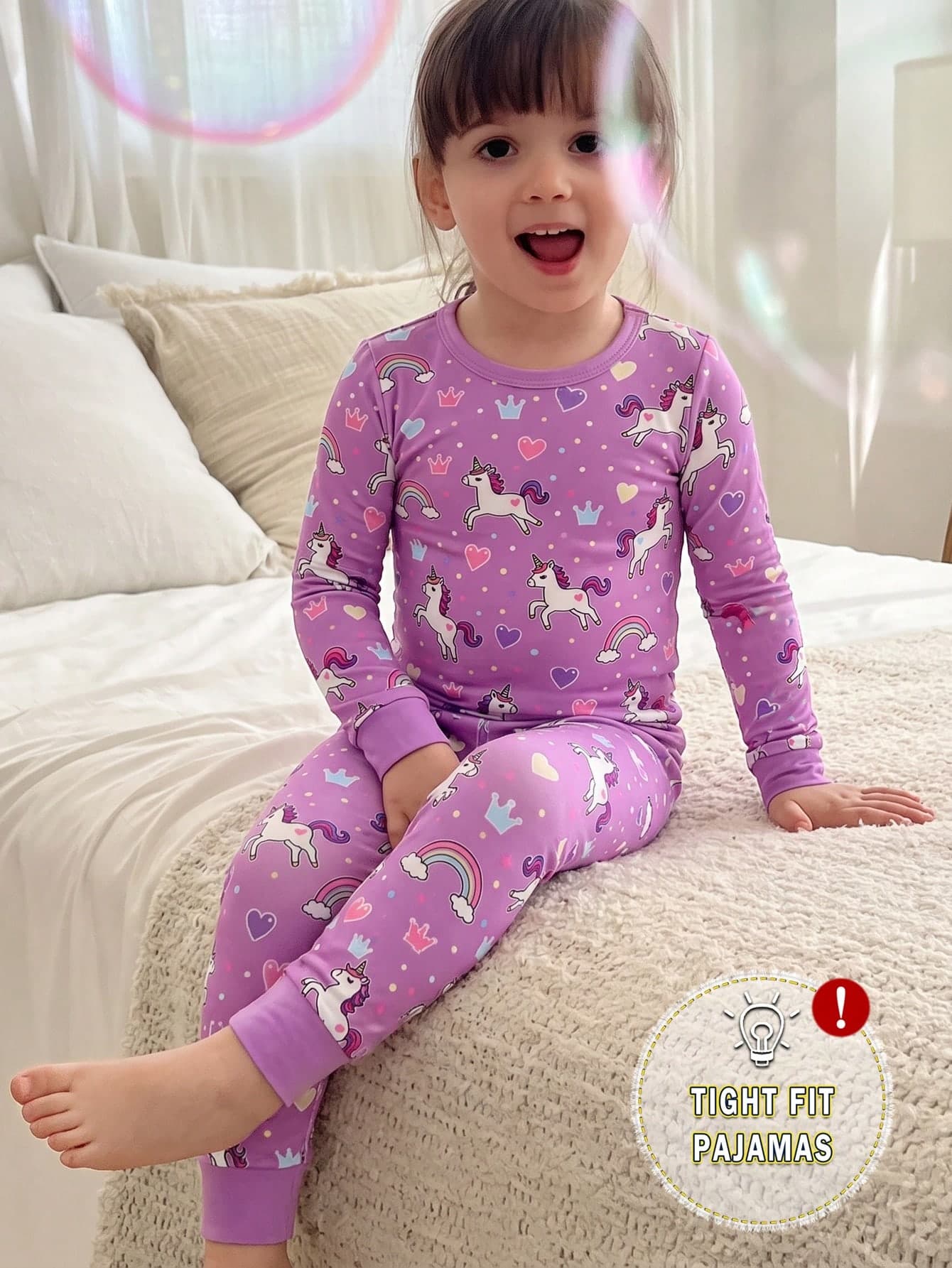 2pcs Girls Toddler Comfortable Soft High Elasticity Rayon Fabric Rainbow Unicorn All-Over Print Long Sleeve Crew Neck Leggings Pajama Set