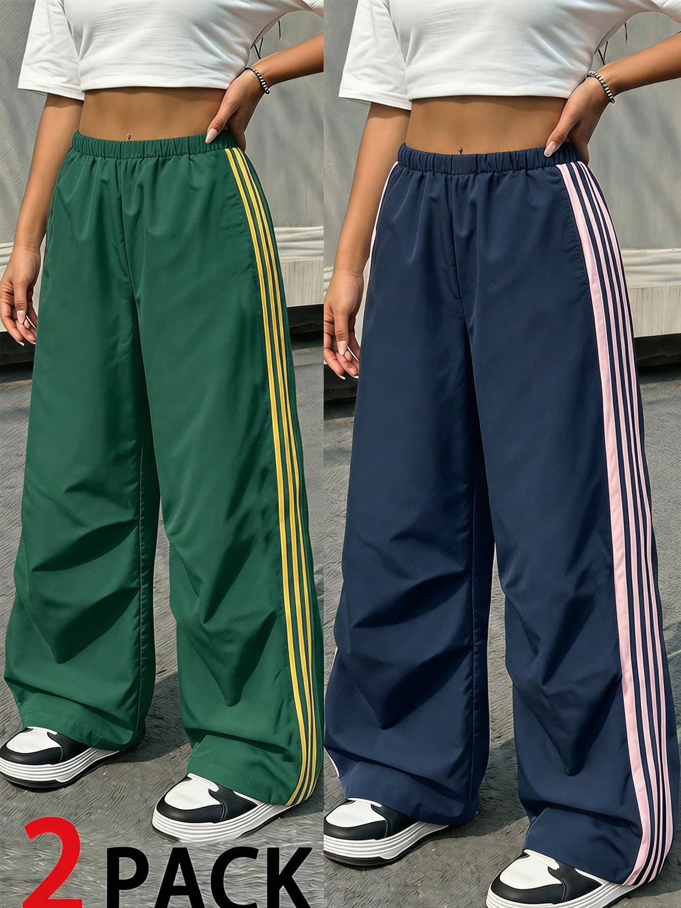 Sparklyn Two Pieces Youth Wide-Leg Pants: Green Striped Style And Pink Casual Loose Long Pants, Suitable For Teenagers To Wear. With Comfortable Elastic Waist Design, It Is A Lightweight Pants Set, Ideal For Daily Casual And Sports Activities.