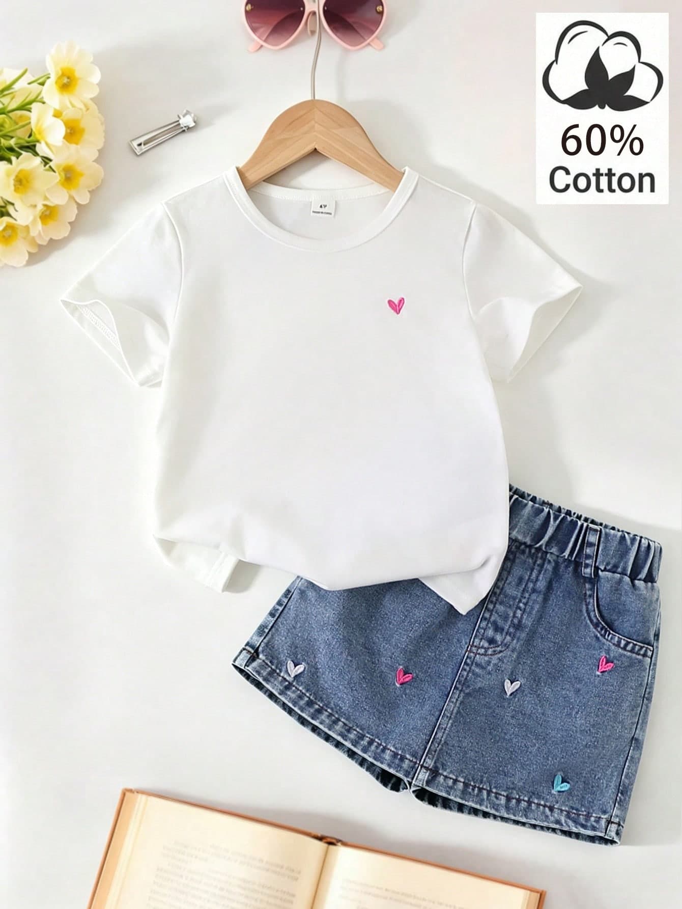Elladie kids 2pcs Girls Toddler Outfit Set, Summer Minimalist Elegant Short Sleeve Round Neck T-Shirt + Heart Embroidered Denim Shorts, Suitable For Daily Wear