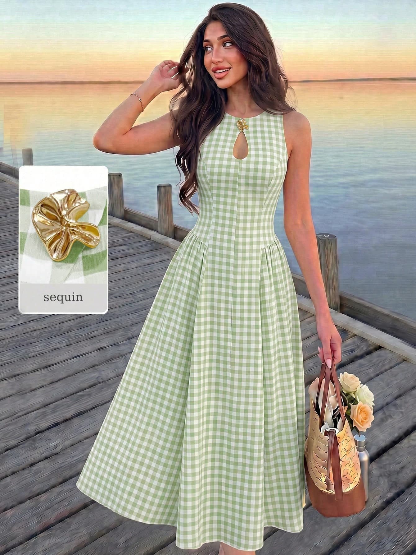 Modelyn Women's Spring/Summer Yellow Woven Plaid Textured Water Drop Neckline Metal Button Cinched Waist A-Line Elegant Romantic Midi Dress