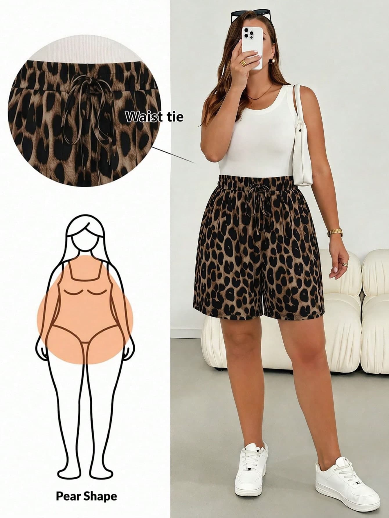 SHEIN Essnce Casual Vacation Vintage Leopard Print Plus Size Women's Ruffle Waist Bow Tie Shorts, Suitable For Summer