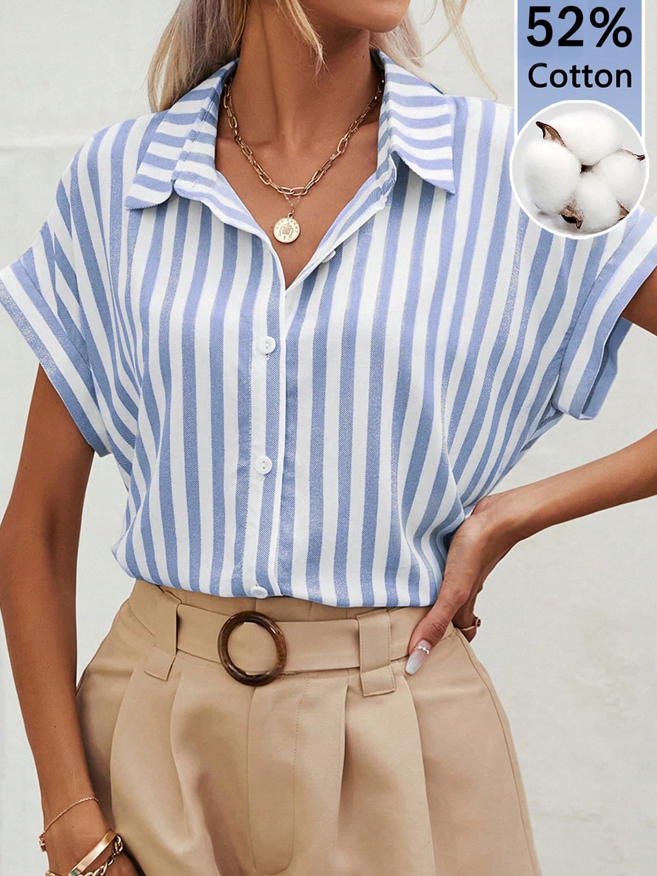 SHEIN Frenchy Women's 52% Cotton Blue-White Striped Batwing Short-Sleeve Shirt - Elegant Vacation Top