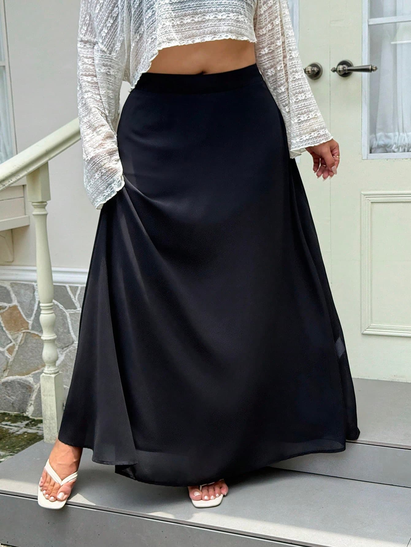 GalTyme Plus Size Casual Versatile Solid Color Extra Long Skirt