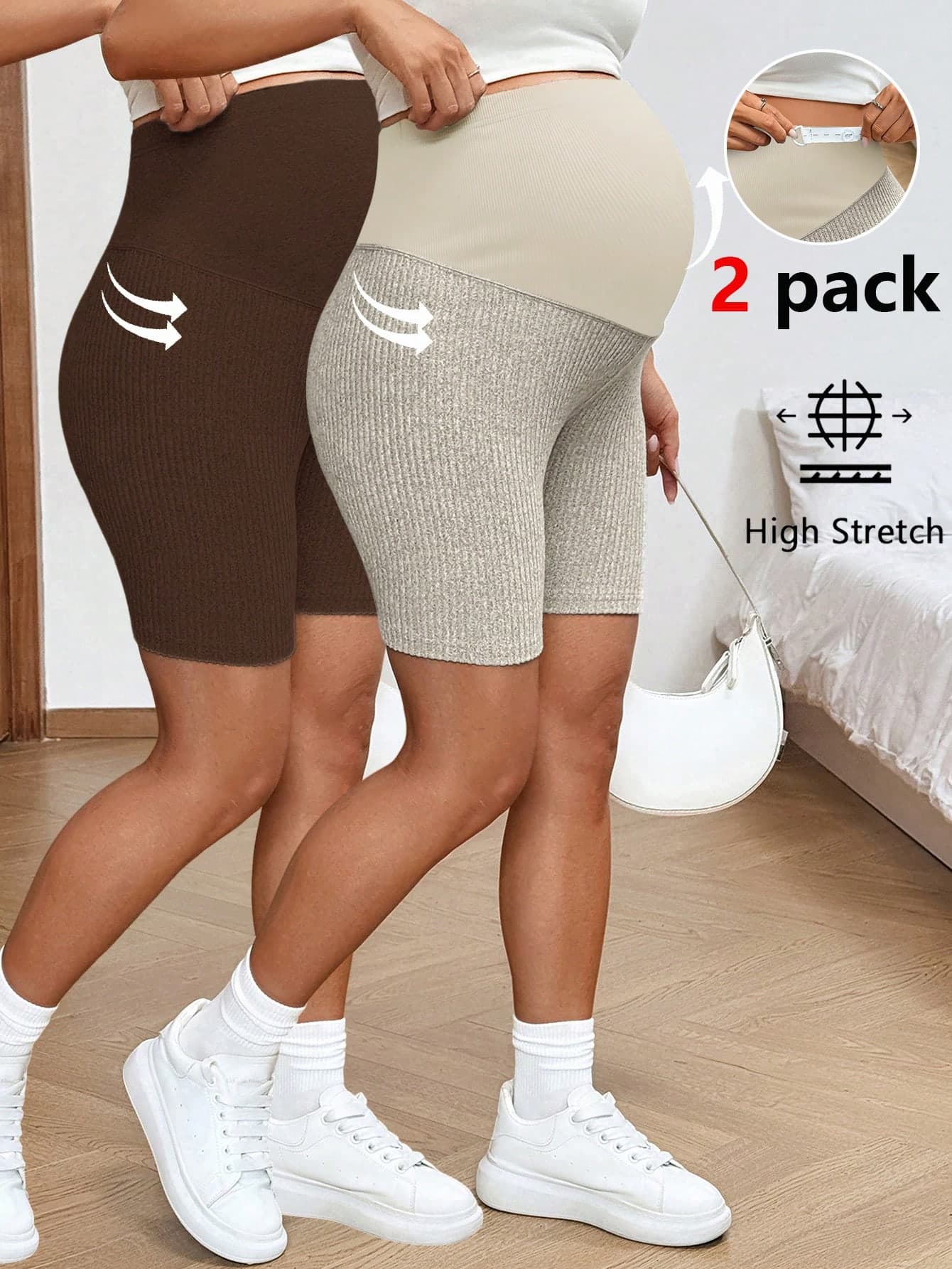 SHEIN 2pcs Maternity Solid Color Adjustable Waist Casual Versatile Daily Wear Skinny Shorts World Cup