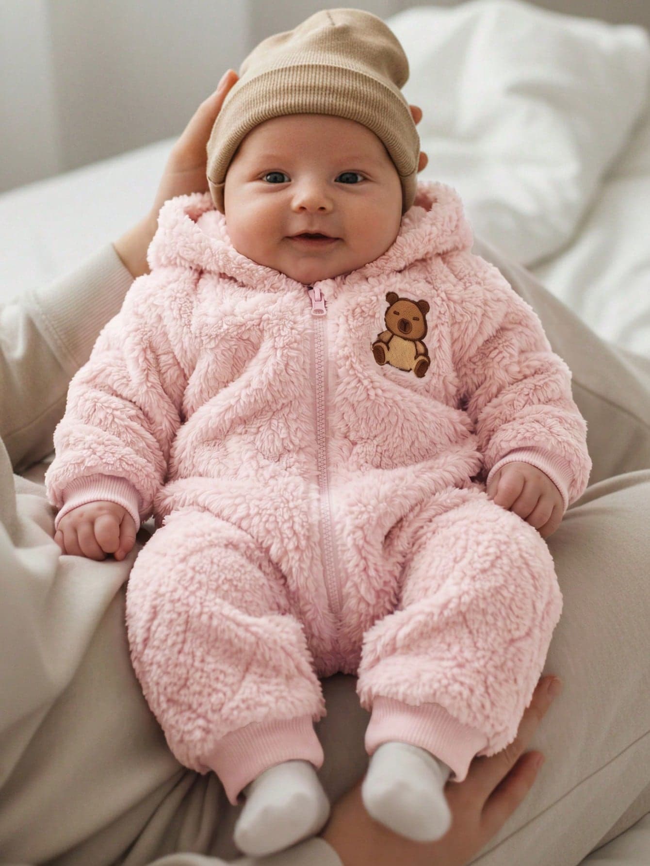 Cozy Pixies Newborn Baby Girl Cartoon Bear Pattern Thermal Lined Thick Hooded Long Sleeve One-Piece Autumn Winter Jumpsuit