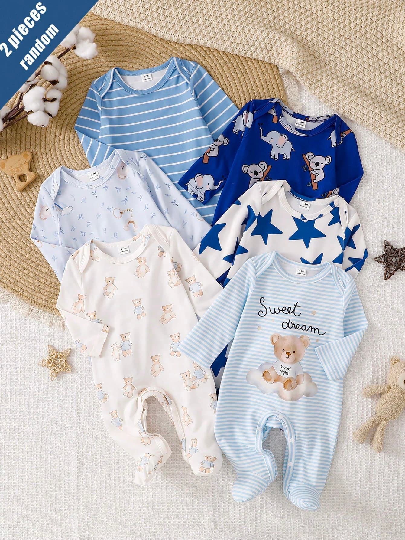 [2 Sets Random Selection]Newborn Long Sleeve Footed Jumpsuit Knit Comfortable Soft Loungewear, Cute Dinosaur Cartoon Car Construction Vehicle All-Over Print Pattern, Best Gift For Newborns, Home Wear, Versatile Fashion, Best Choice
