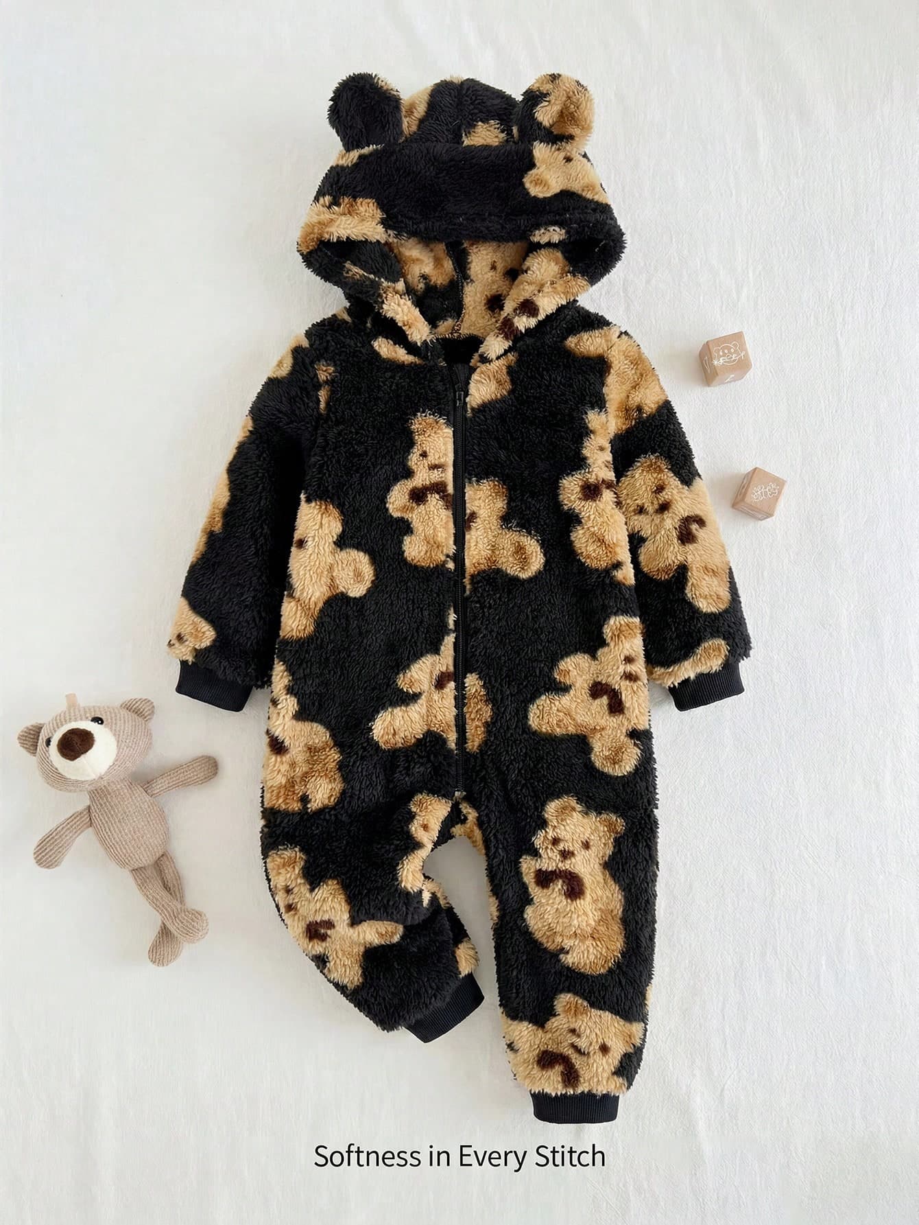 Cozy Pixies Baby Boy Cartoon Bear Pattern 3D Ears Hooded Thermal Lined Mid-Weight One-Piece Long Pants Black Fluffy Romper Cute Warm Winter