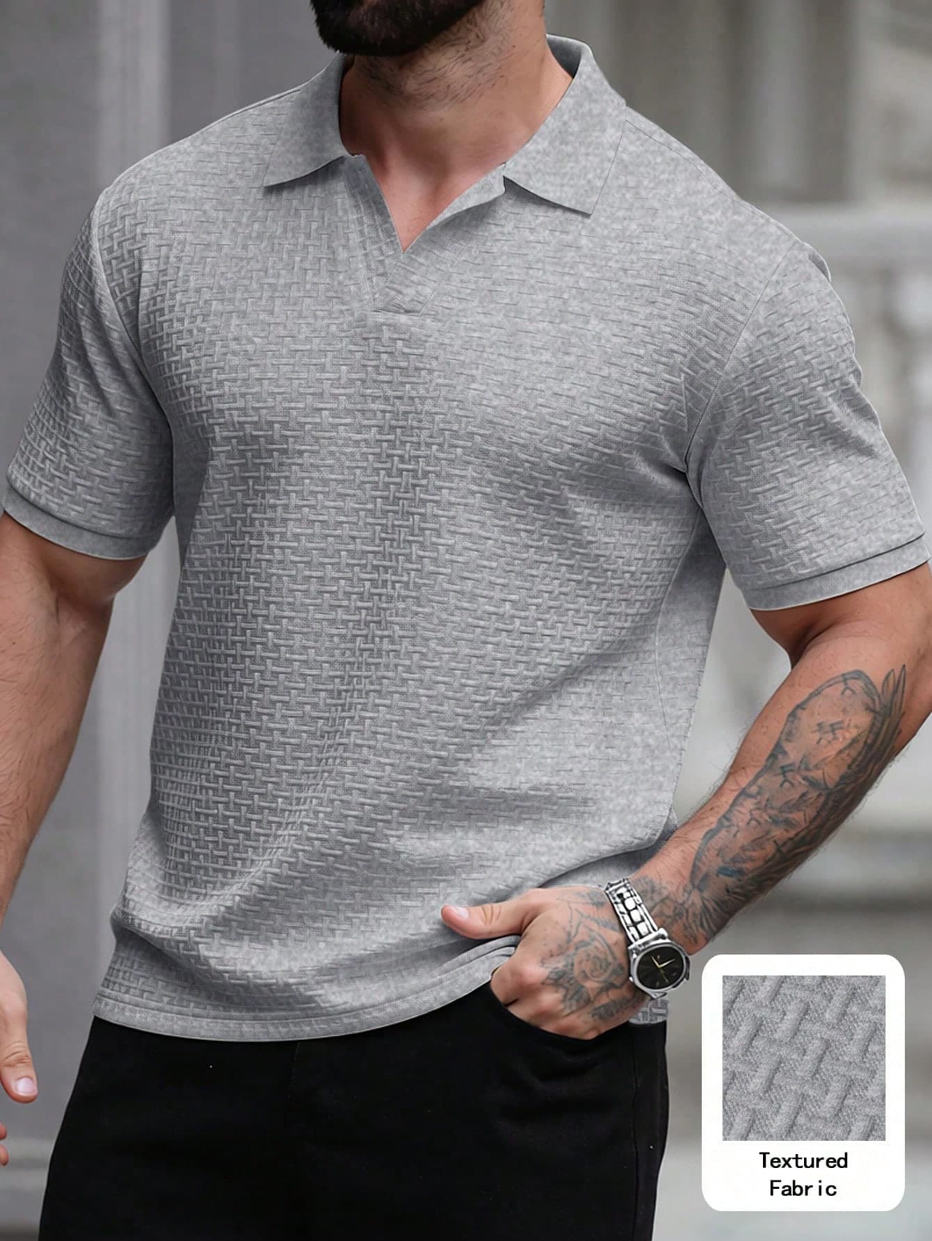 Manfinity CasualCool Men's Short Sleeve Textured Fabric Polo Shirt, Suitable For Home, Outing, Party Business Office Work And Vacation Wear Gray Summer Casual