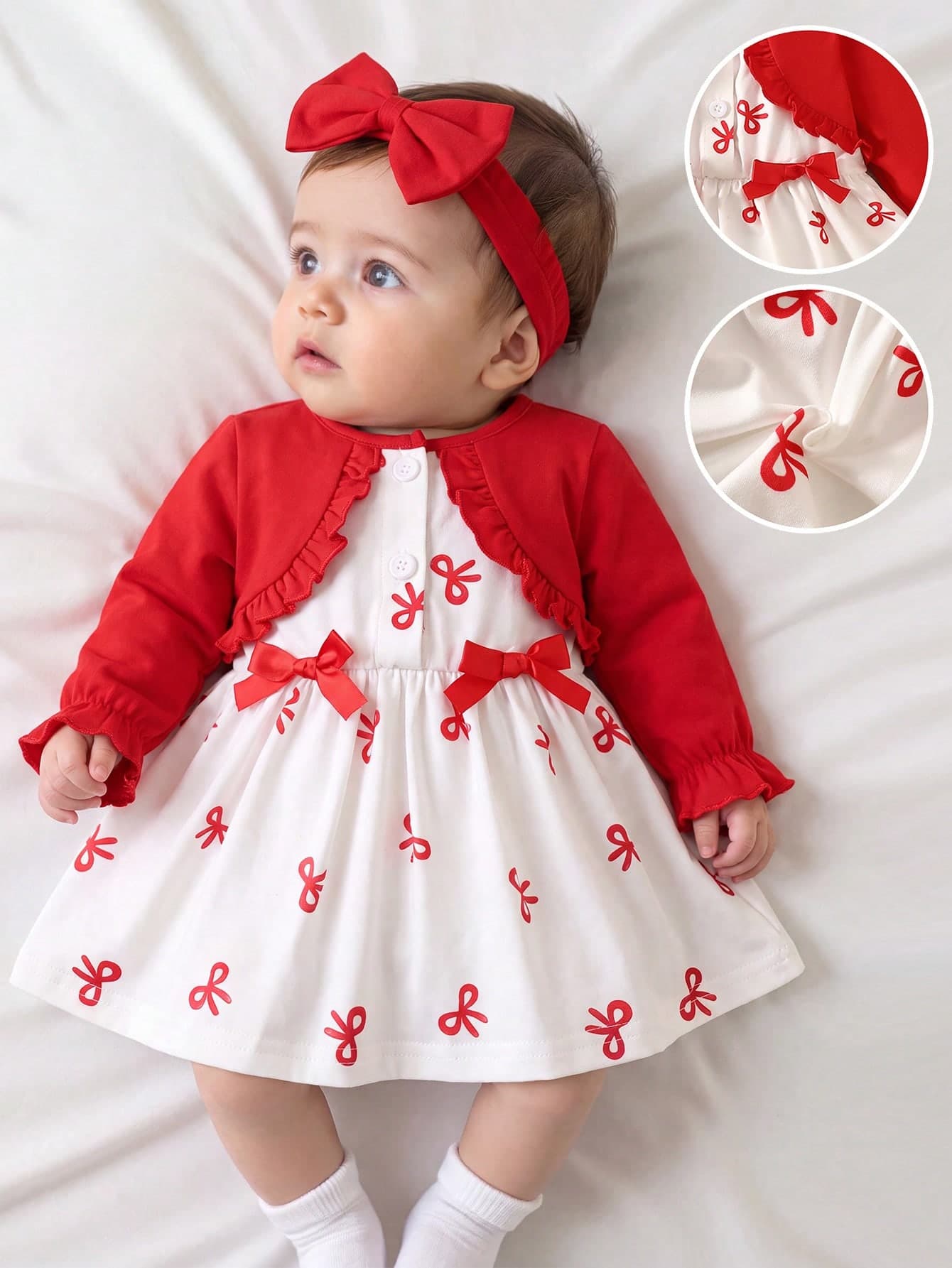 SHEIN Newly Born Baby Girl Light Pink Long Sleeved Patchwork Floral Bow Dress With Elegant Headband Winter