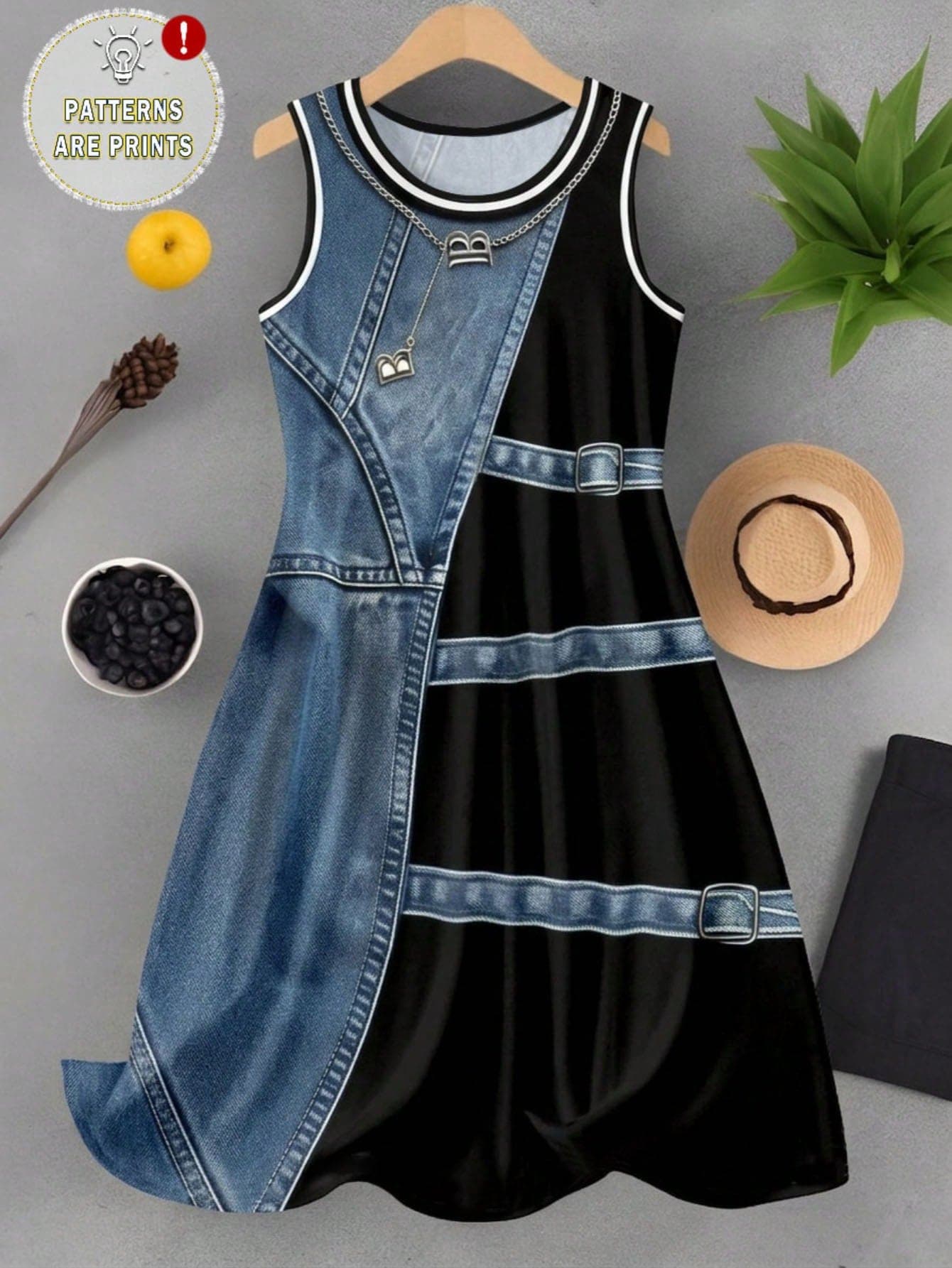 SHEIN LUNE Plus Size Denim Effect Print Sleeveless A-Line Dress, Casual Tank Dress, Comfy Sporty Sundresses,Summer Outfits For Curvy Women Fall