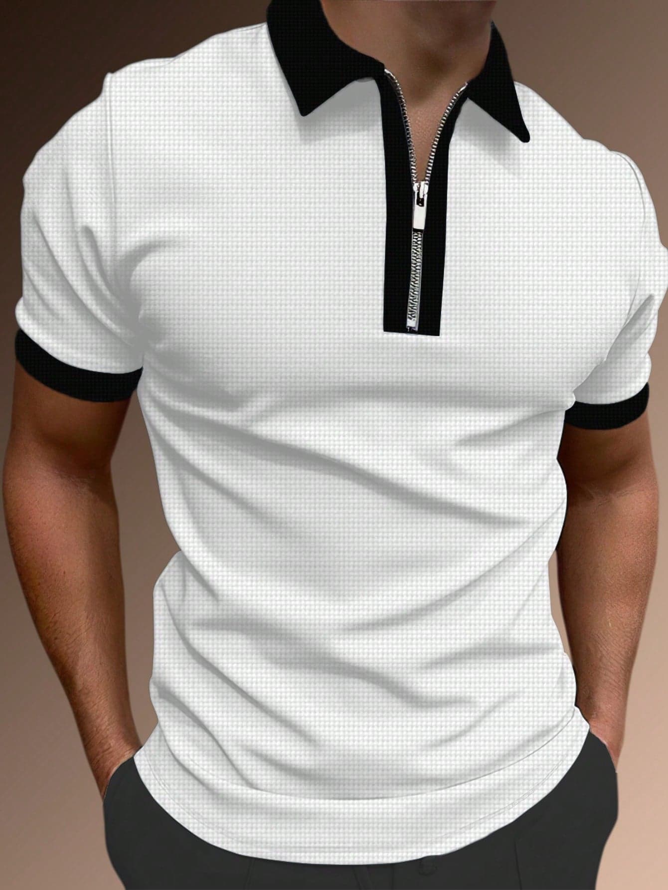 Manfinity Homme Men's Versatile Textured Zipper Half-Placket Short Sleeve Polo Shirt
