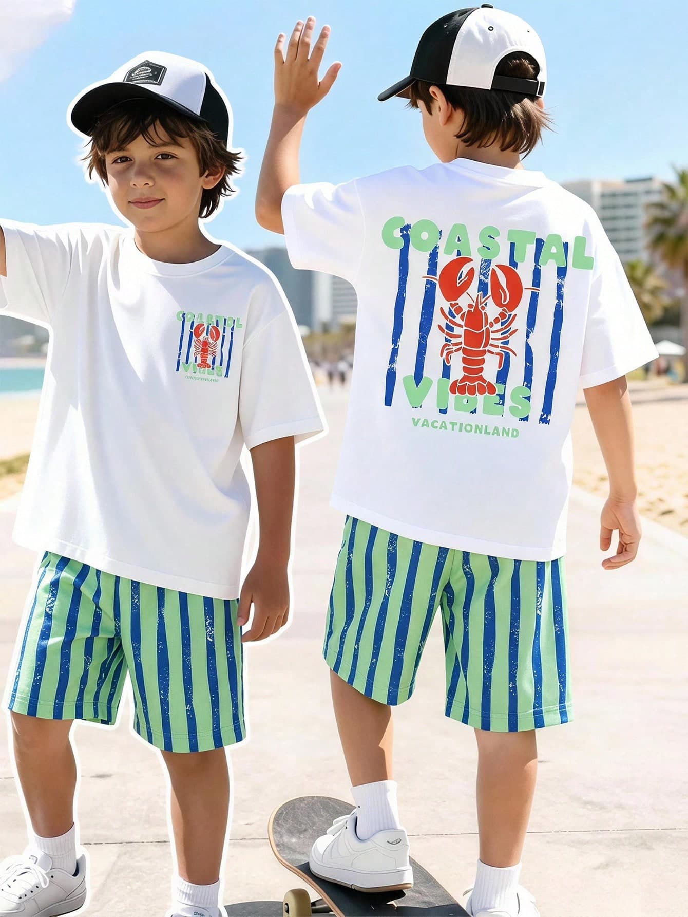 2pcs Tween Boys Spring/Summer Short Sleeve T-Shirt & Shorts Set, Unique Turtle Print With Matching Shorts, Eye-Catching Street Casual Outfit, Ideal For Daily Wear, Island Style, Beach, Weekend, Summer Outfits, Elegant Attire, Suitable For Outings, Vacations, Travel, Photos, Spring/Summer New 2026 Fashion