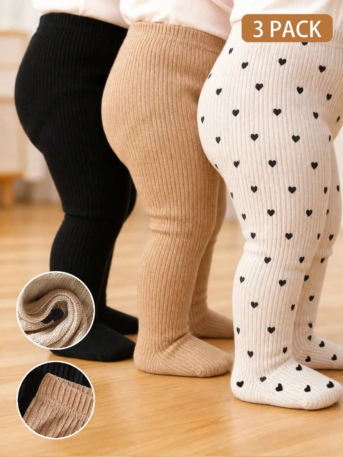 SHEIN 3pcs Newborn Baby Girl New Autumn/Winter 3-Piece Pants Set, Available In Black, Brown, Apricot With Heart Pattern, Soft And Comfortable Fabric, Cute Casual Style, Suitable For 0-9 Months Baby Daily Wear Or Outdoor Activities