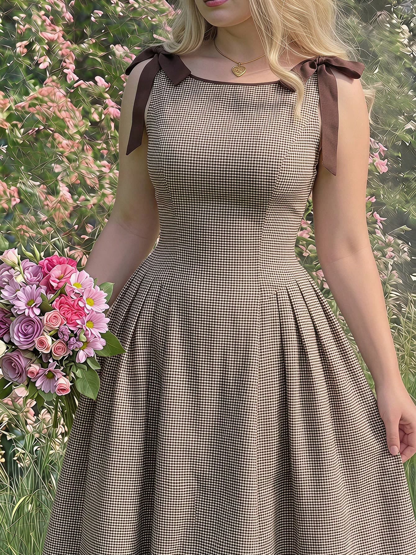 SHEIN MOD Plus Size Women's Plaid Bow Decor Elegant 1950s Vintage 70's 80s 90s Cinched Waist Dress, Chocolate Brown, Graduation Tea Party Brunch, Holiday Summer