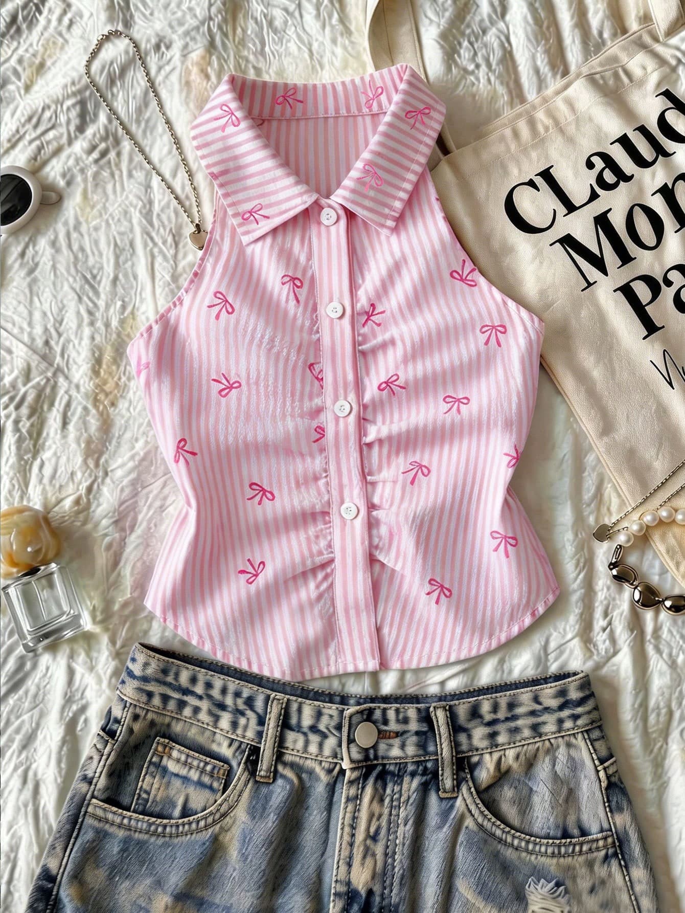 SHEIN Tween Girls' Summer Casual Striped Bow Print Halter Shirt