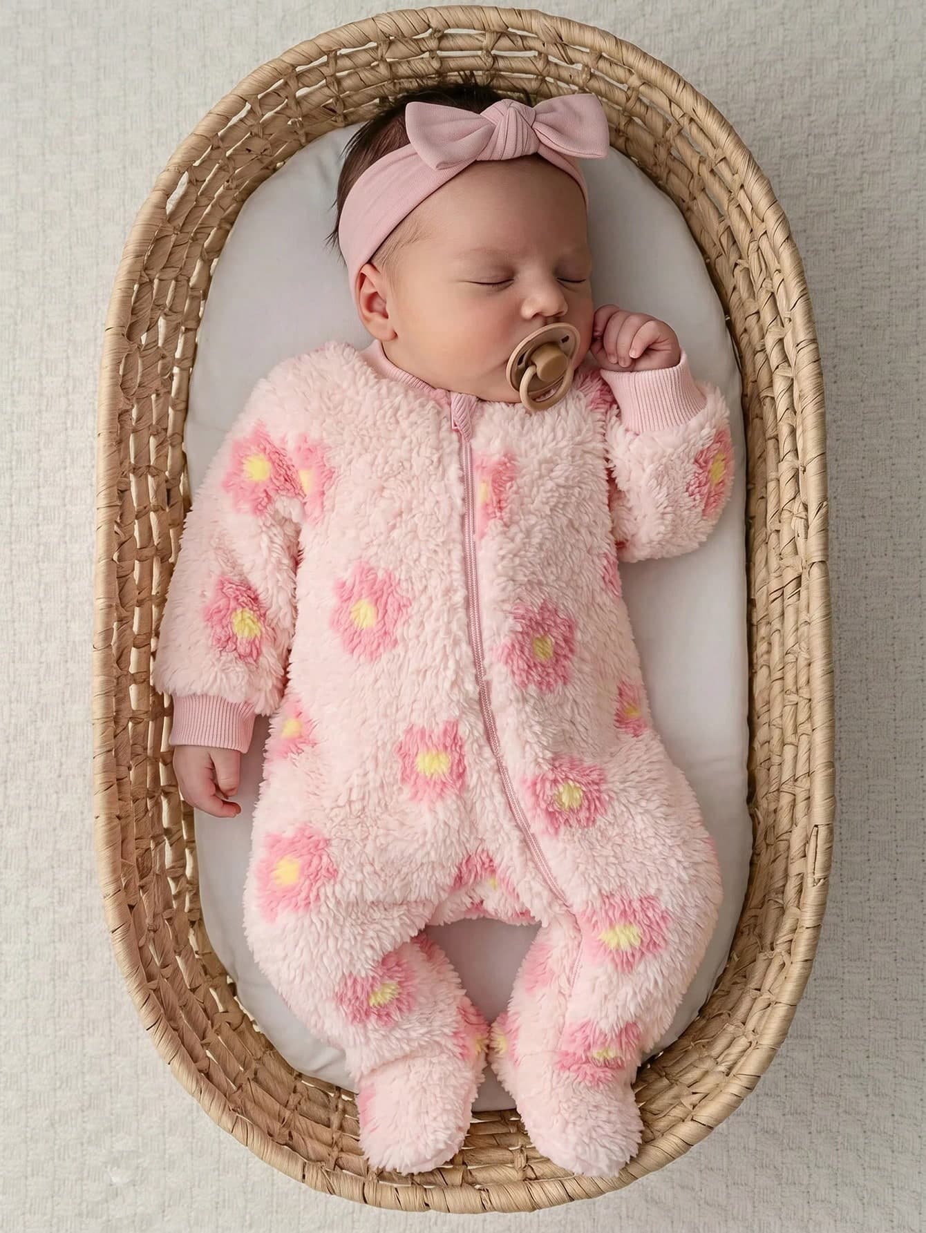 Cozy Pixies Newborn Baby Girl Decorative Bow Round Neck Long Sleeve Footed Romper