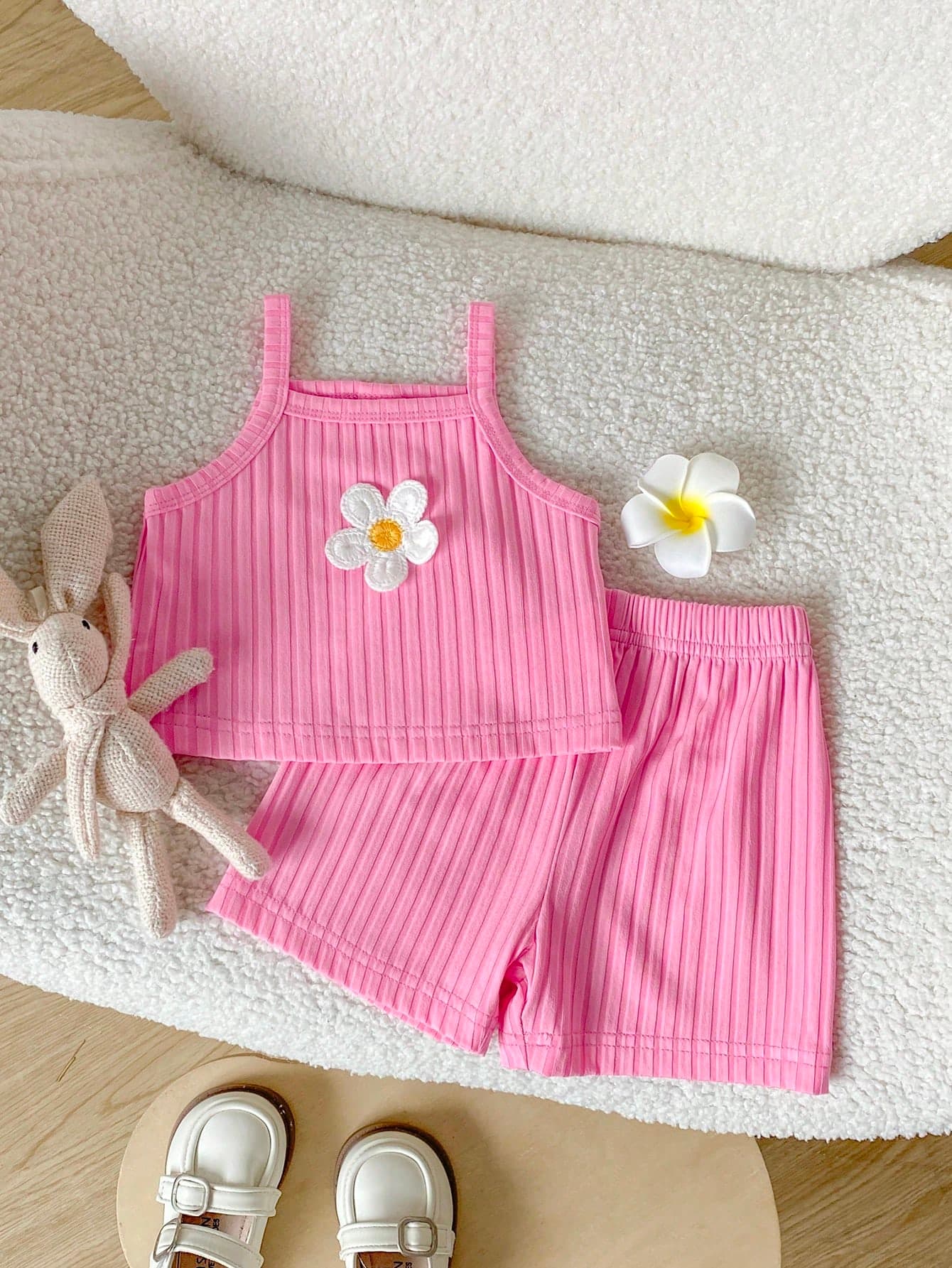 Playful Pals Baby Girl Casual Versatile Candy Color Camisole Top With 3D Floral Applique And Elastic Waist Shorts Set, Summer
