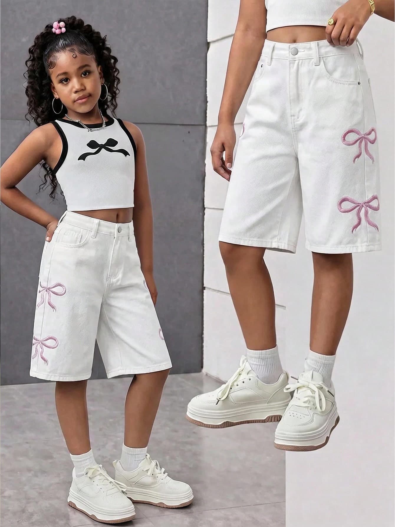 SHEIN Kids Tween Girl Casual Cute Versatile Daily Denim Shorts With Pocket, Button, Bow And Embroidered Pattern Back-To-School School Pink White Summer