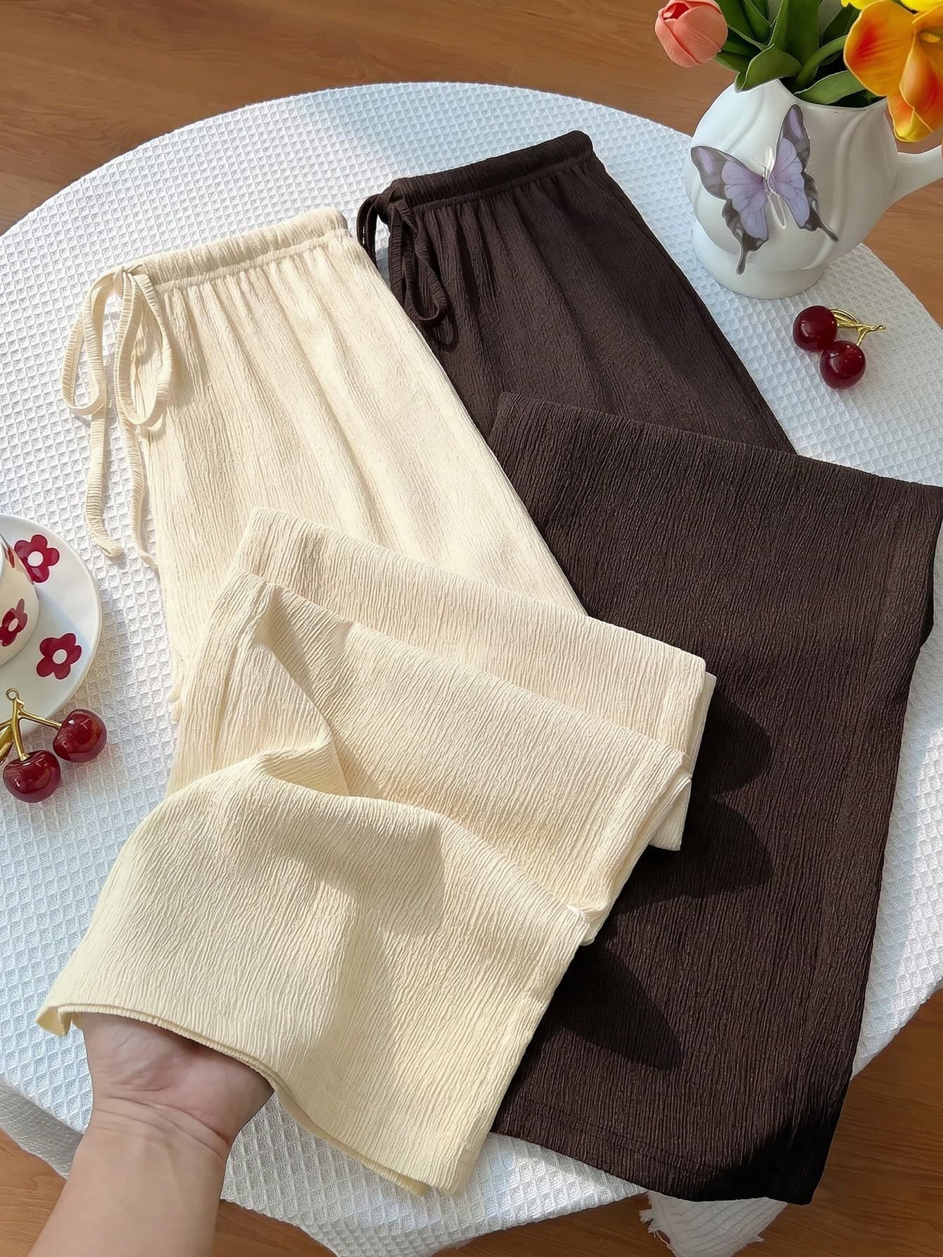 Sweetra Y2K Casual Vacation Versatile Preppy Style Textured Fabric Wide Leg Long Pants