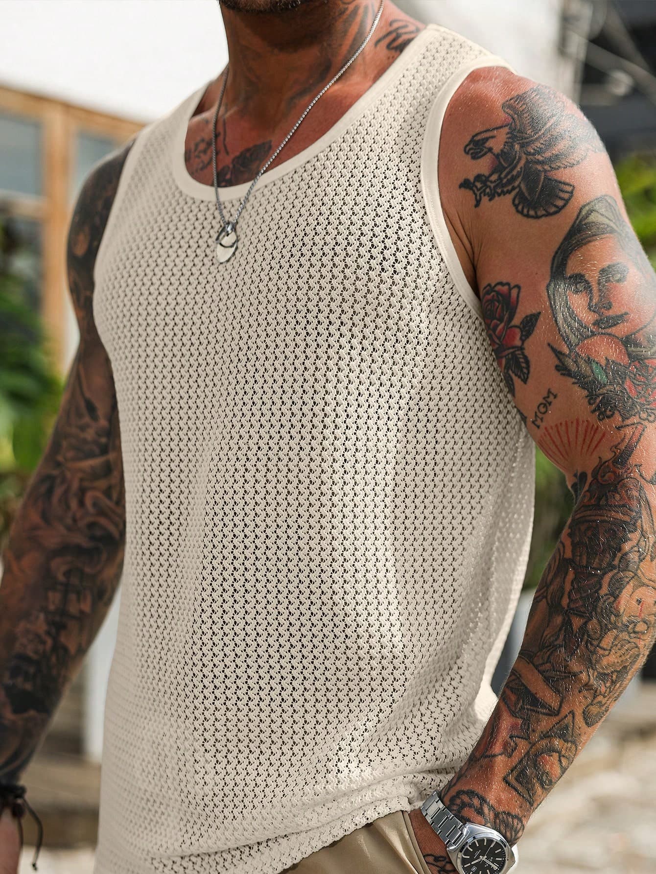 Manfinity RSRT Men's Summer Casual Vacation Style Solid Color Hollow Out Jacquard Loose Tank Top, Holiday