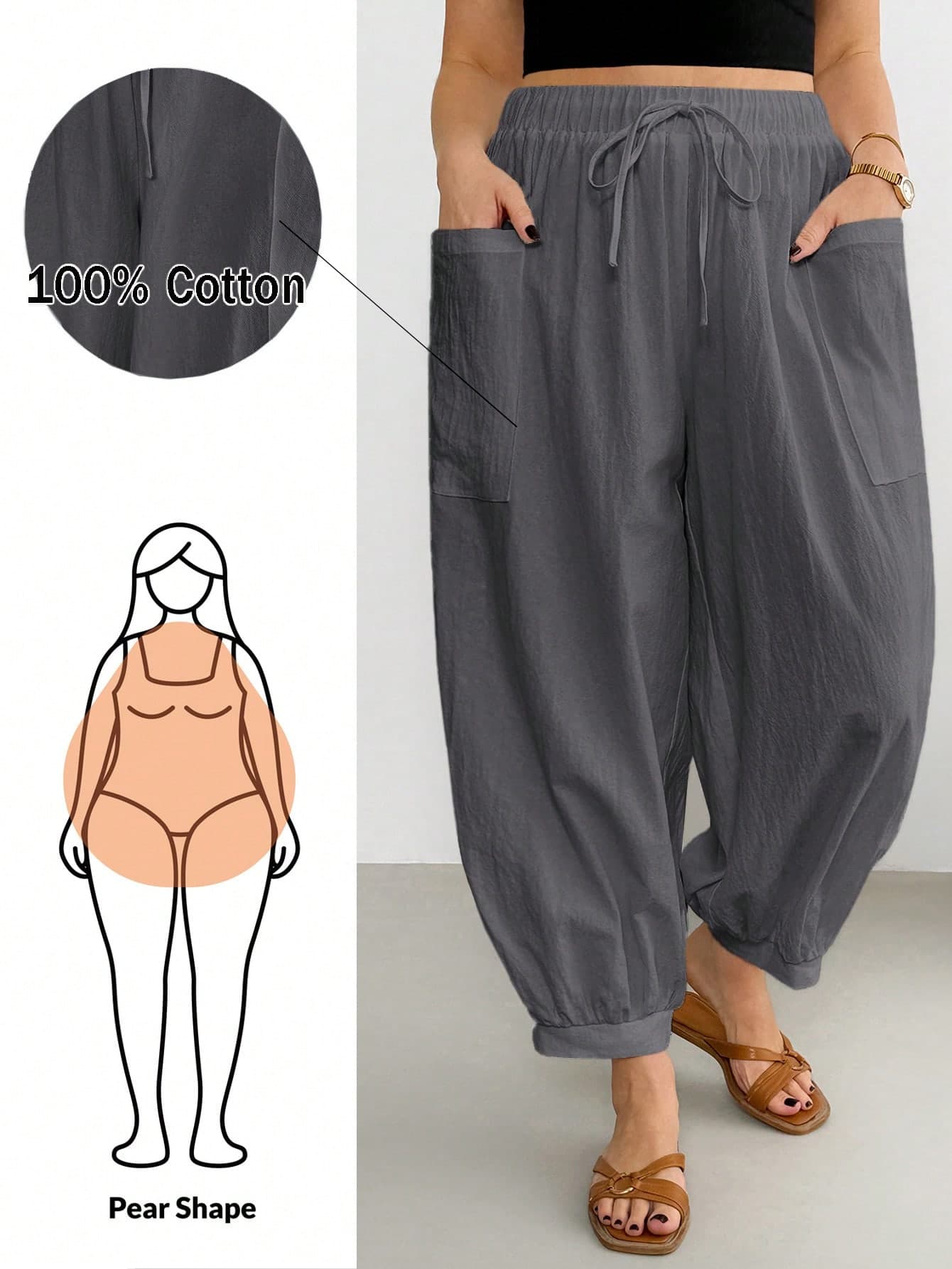 Shapeblank Plus Size Casual Boho Versatile Solid Color Double Pocket Pants Vacation Gray Summer