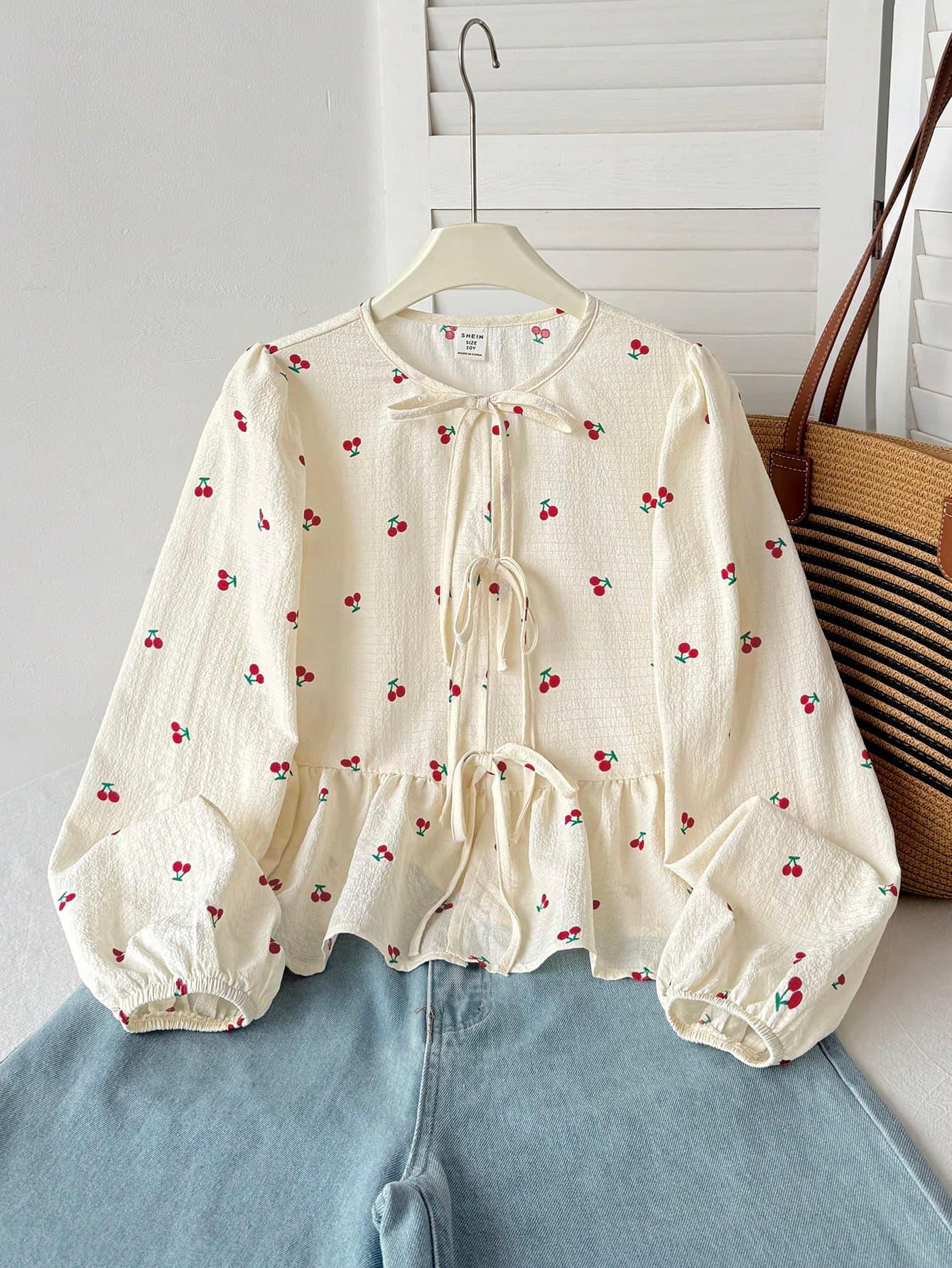 Tween Girl Tween Girls Apricot Cherry Long Sleeve Shirt Loose Casual Fashion Versatile Tween Girl Daily, Back To School Season Fall/Winter Outfits