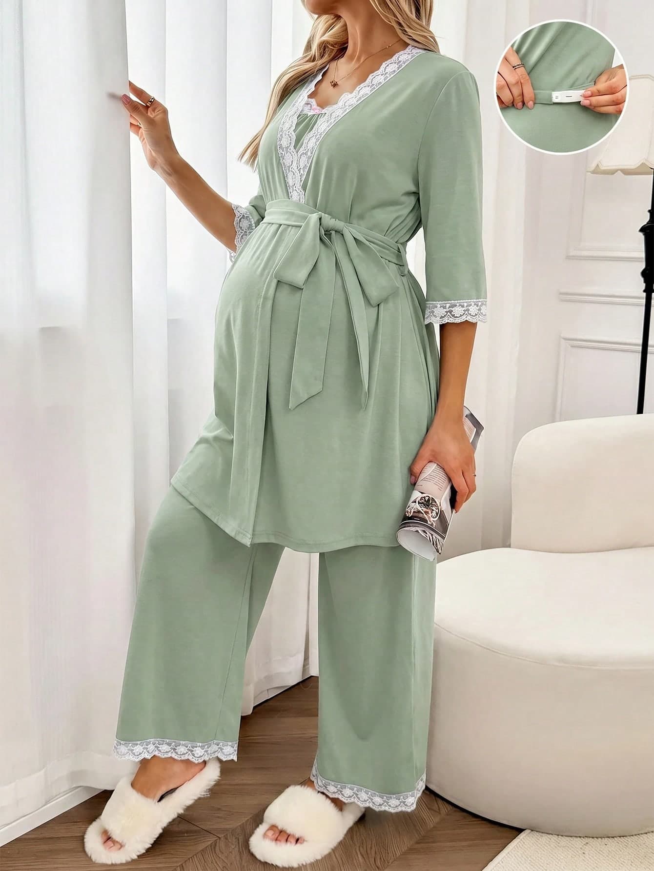 Slowluna Maternity Contrast Lace Short Sleeve Cardigan, Cami Top And Pants Set Fall