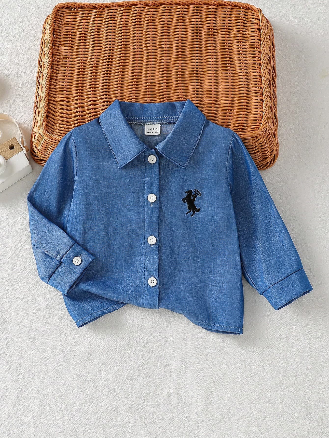 SHEIN Playful Pals Baby Boy Blue Long Sleeve Button-Up Shirt With Embroidered Polo Collar, Autumn Back To School Style Top